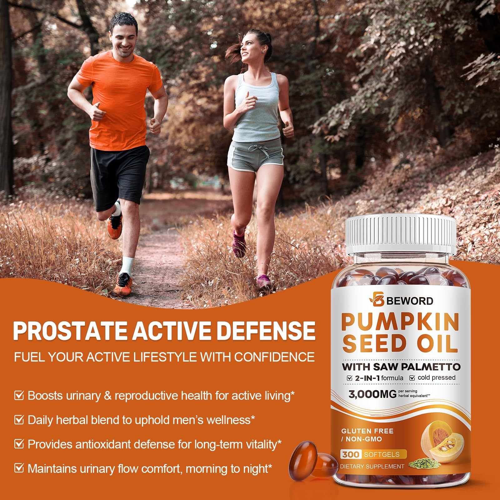 Pumpkin Seed Oil & Saw Palmetto Softgels 3000mg – 300 Cold Pressed Capsules for