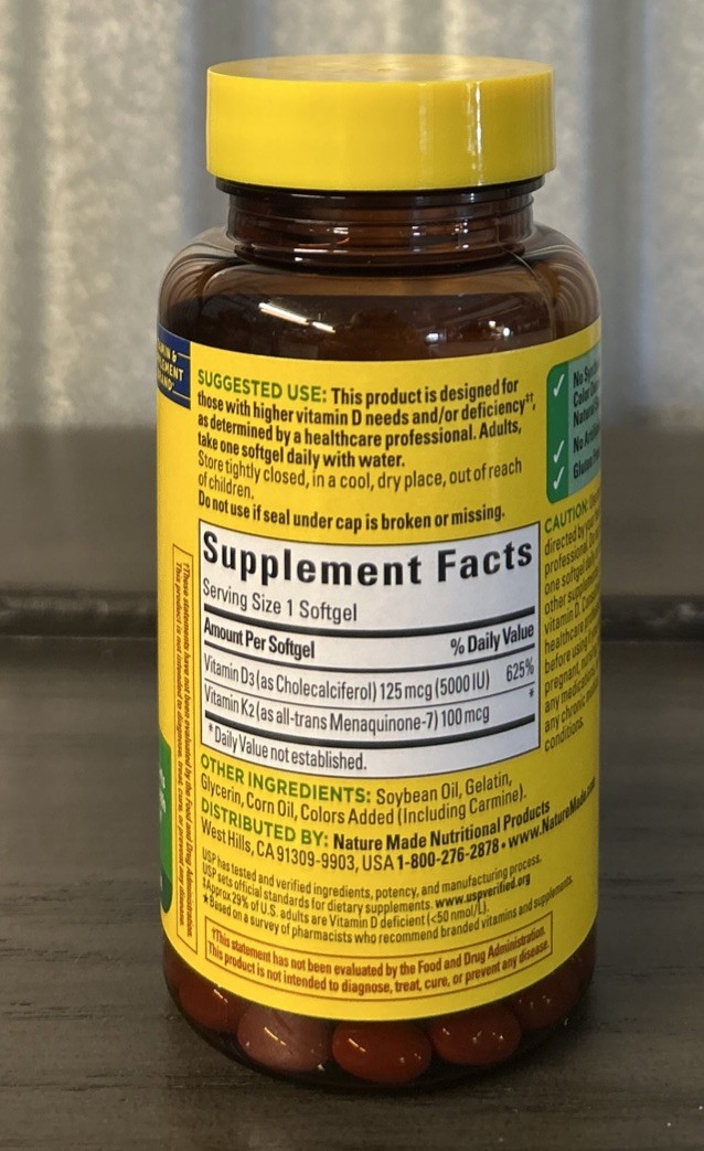 Nature Made Vitamin D3 + K2 Dietary Supplement 60 Softgels (30 Each) Exp 9/2027