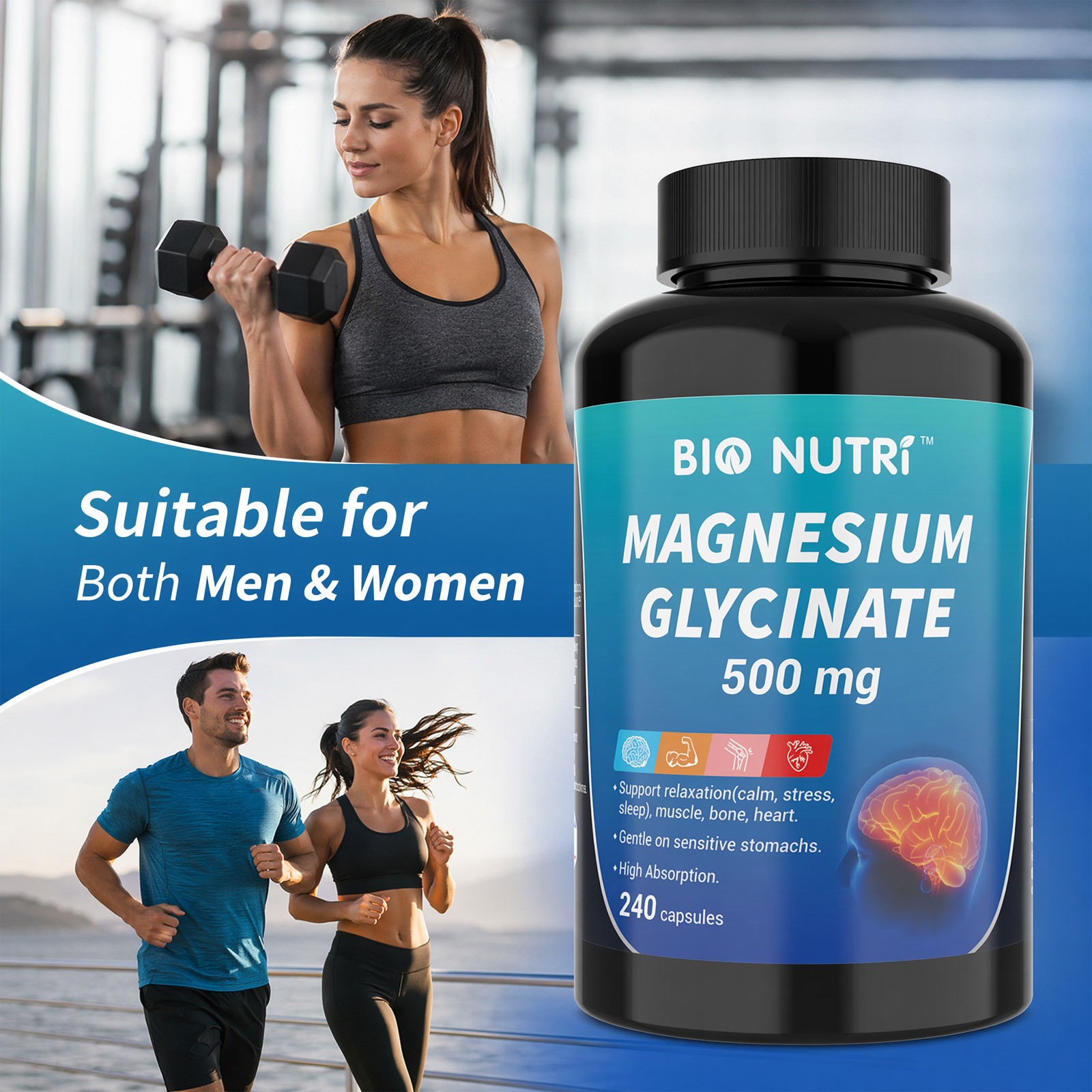 Magnesium Glycinate 500mg – 240 Capsules For Sleep, Stress Relief Support Bone