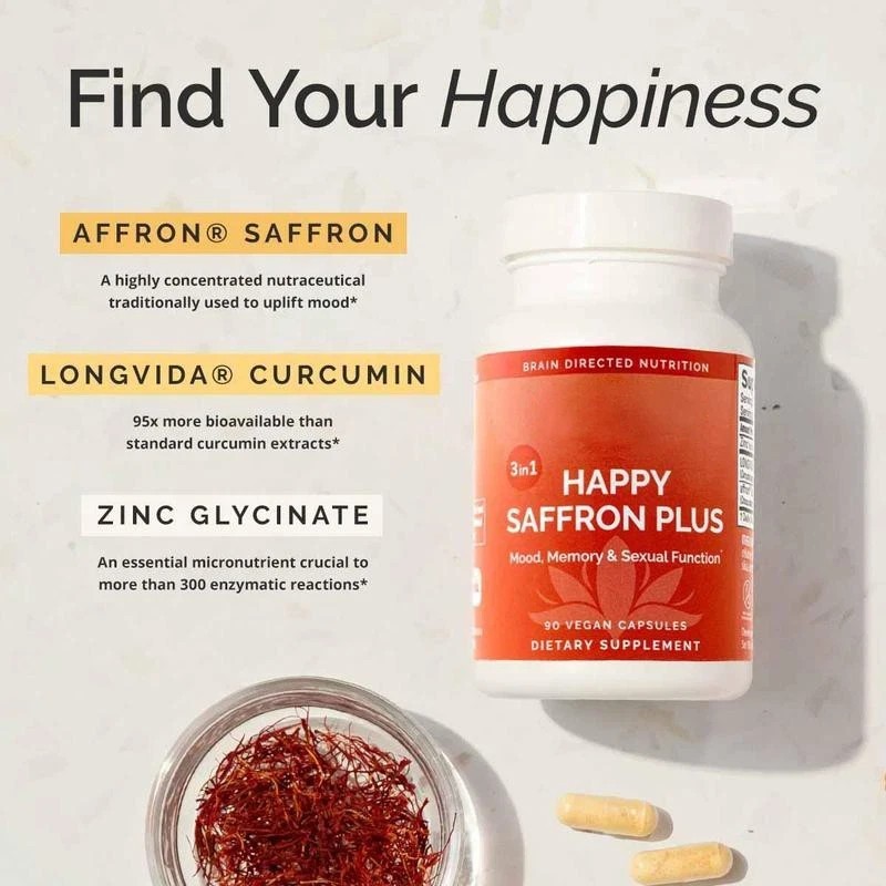 1 PACK Happy Saffron Plus 90 Capsules – Saffron Flower Extract, Curcumin & Zinc