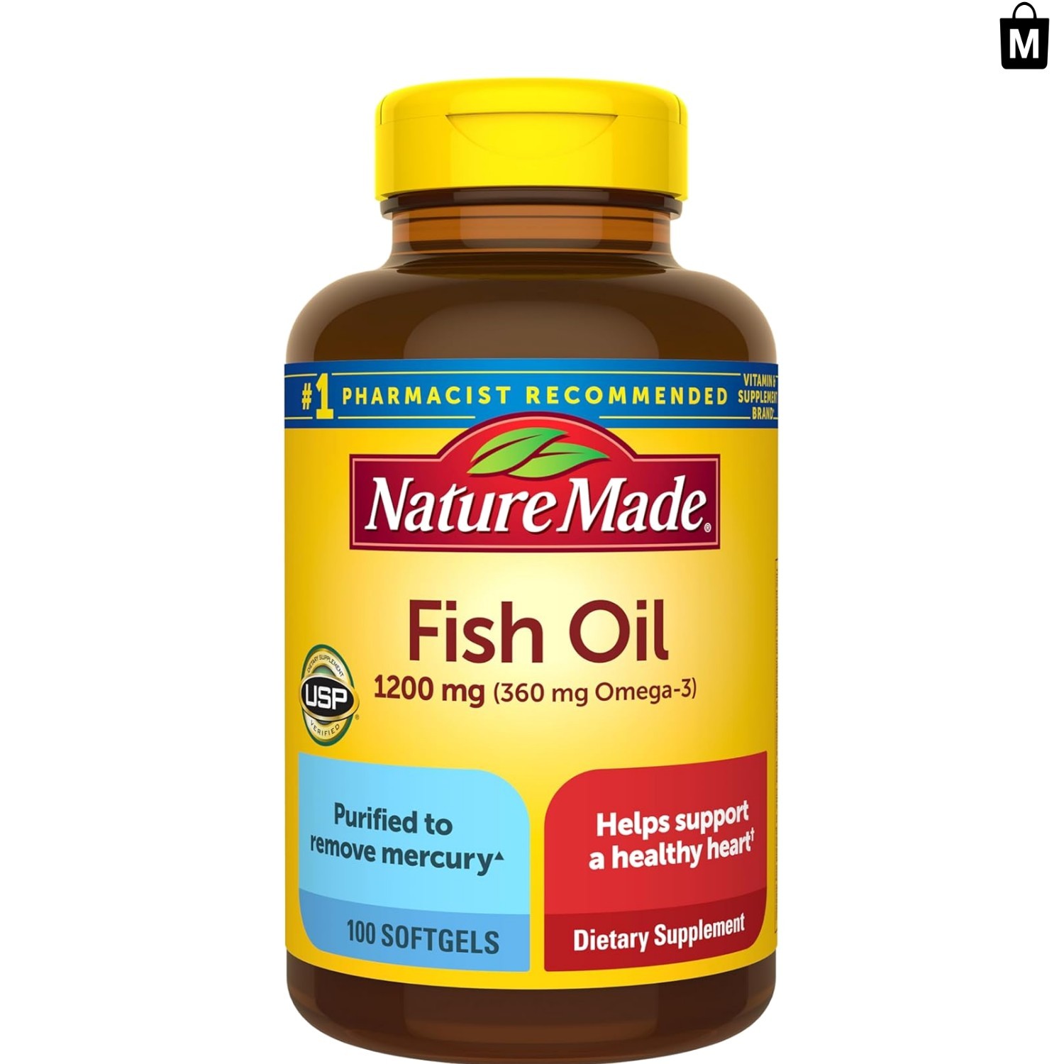 1200mg Omega-3 Fish Oil Softgels, 100 Count – Heart Health Support Formula