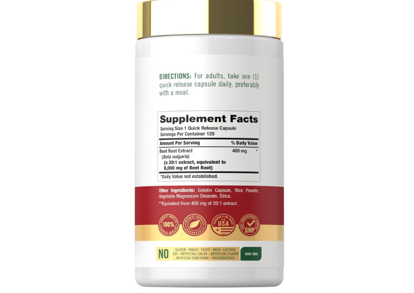 USDA Organic Extra Strength Beet Root 20:1 Extract 8000 mg Strength 120 Capsules