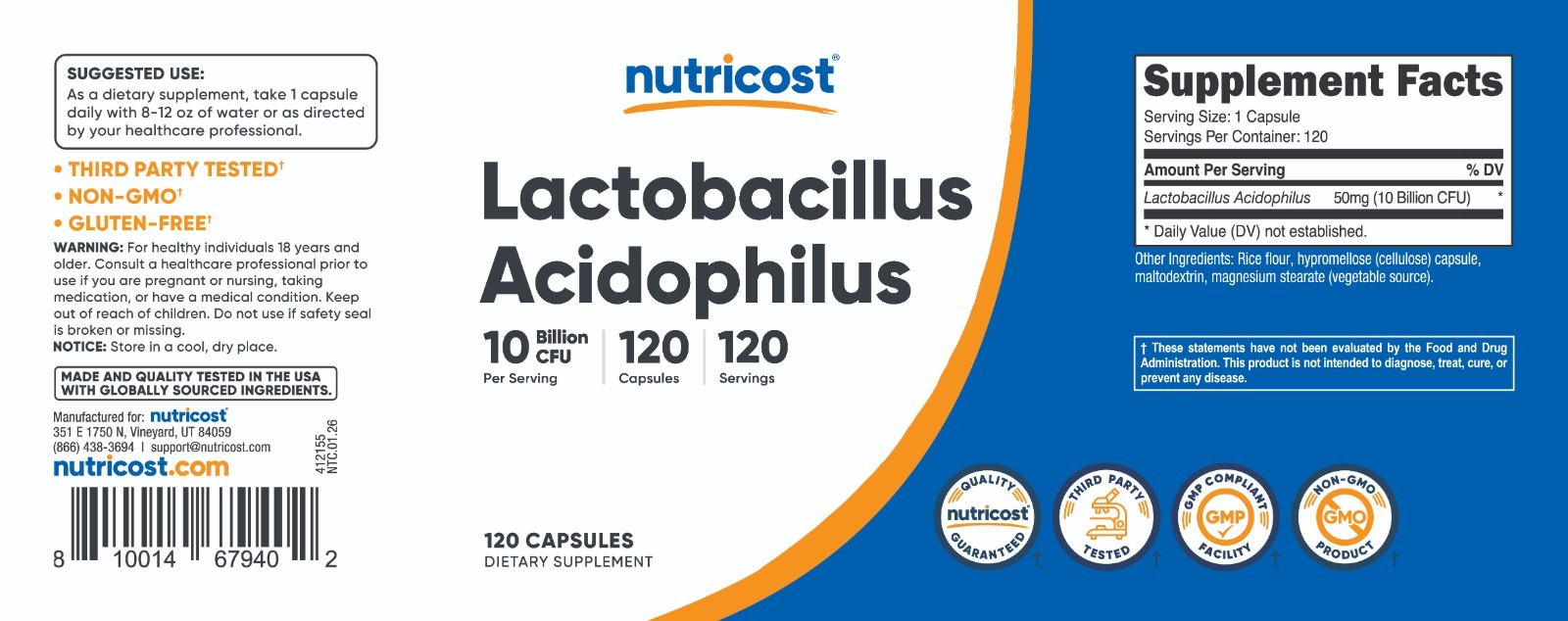 Nutricost Lactobacillus Acidophilus 10 Billion CFU, 120 Vegetarian Capsules