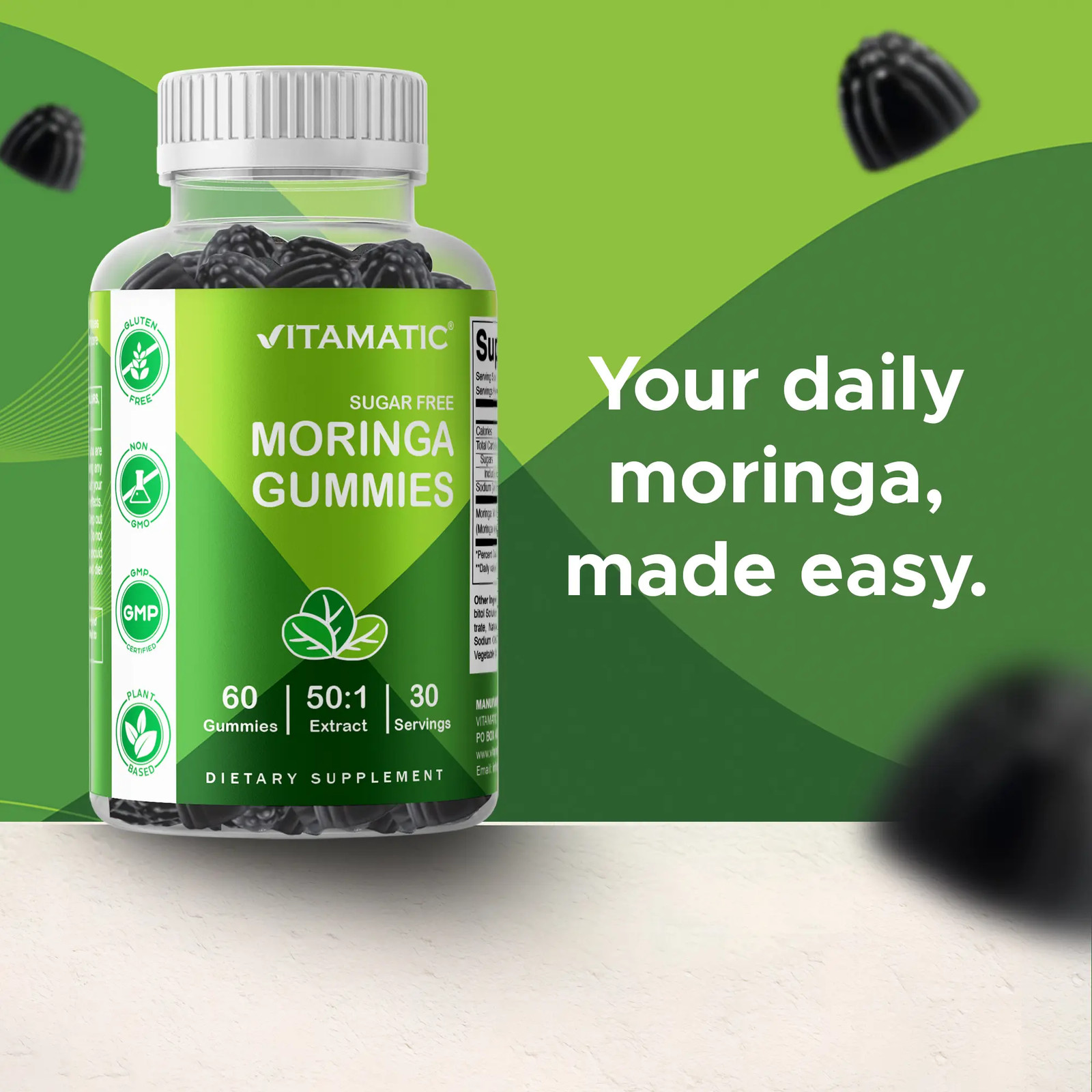 60 Count Pectin-Based Sugar Free Moringa Chew Gummies Daily Wellness