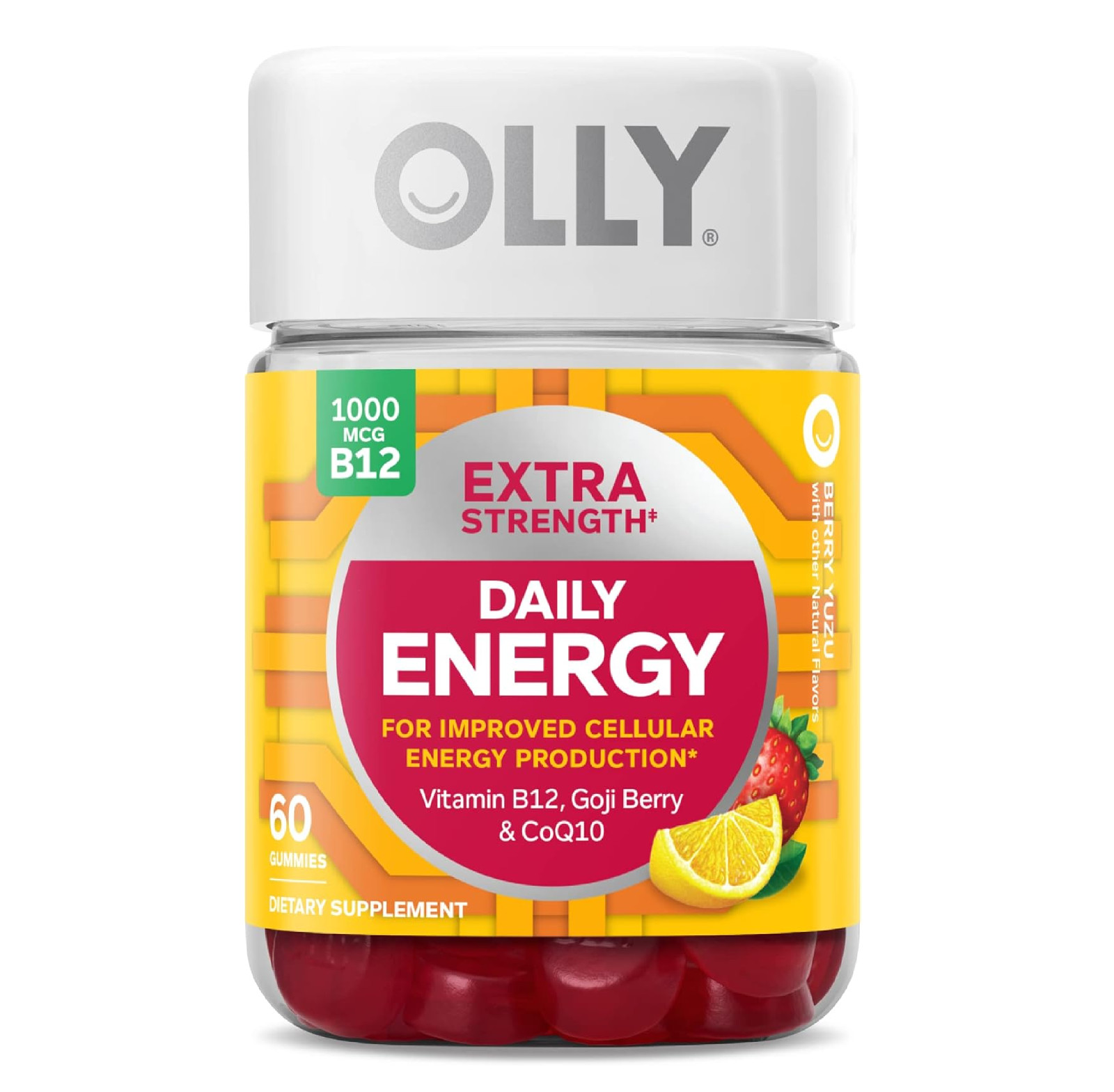 OLLY Extra Strength Daily Energy Gummy, Caffeine Free, 1000mcg Vitamin B12 60 Ct