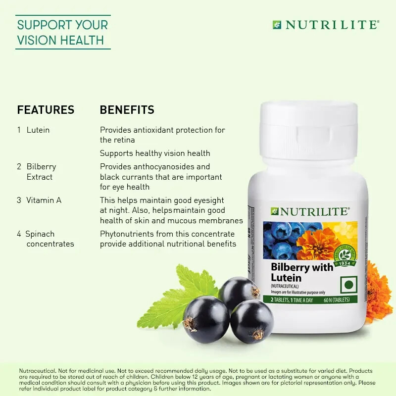 Amway Nutrilite Bilberry With Lutein For Eye Health & Improves Vision 60 Tabs