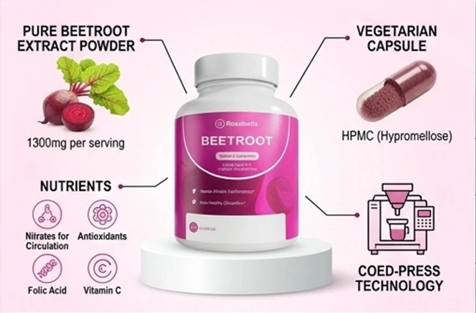 Rosabella Beetroot 1300mg Capsules Supplement 120 Count (2 x 60ct) Daily Wellnes