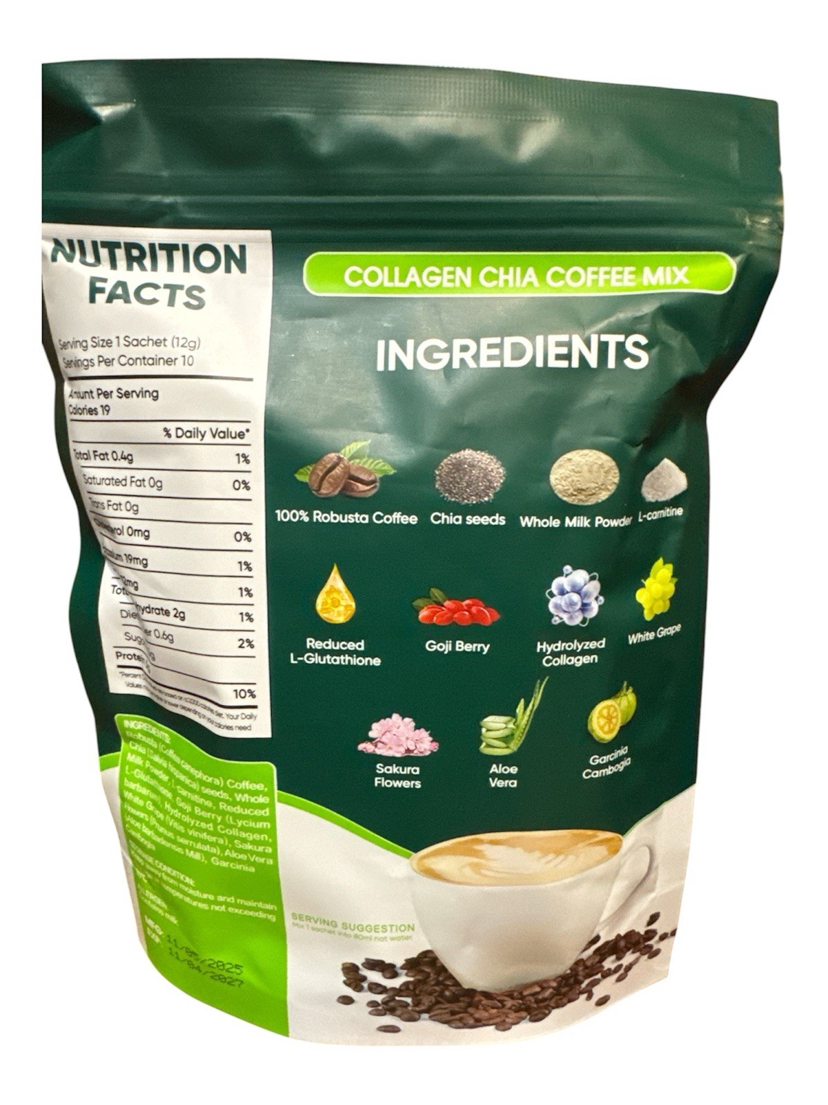 2 Pack FITGUM Collagen Chia Coffee Mix 11 in 1 120g, 12g x 20 Sachets Total