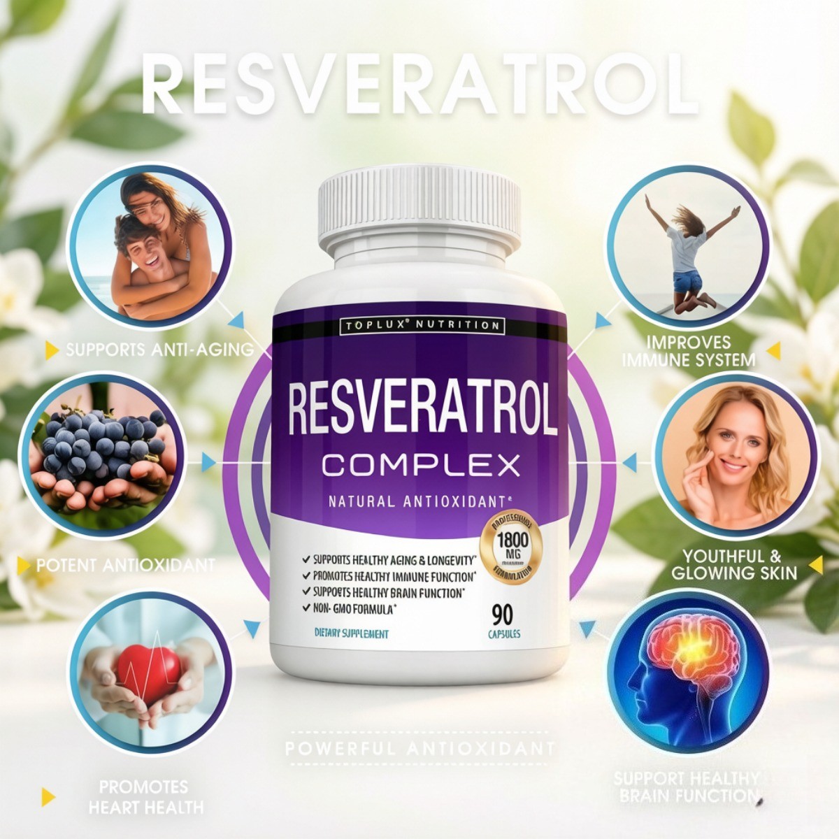 Toplux 1800mg Resveratrol Complex Antioxidant Anti-Aging Immune Support 90 Caps