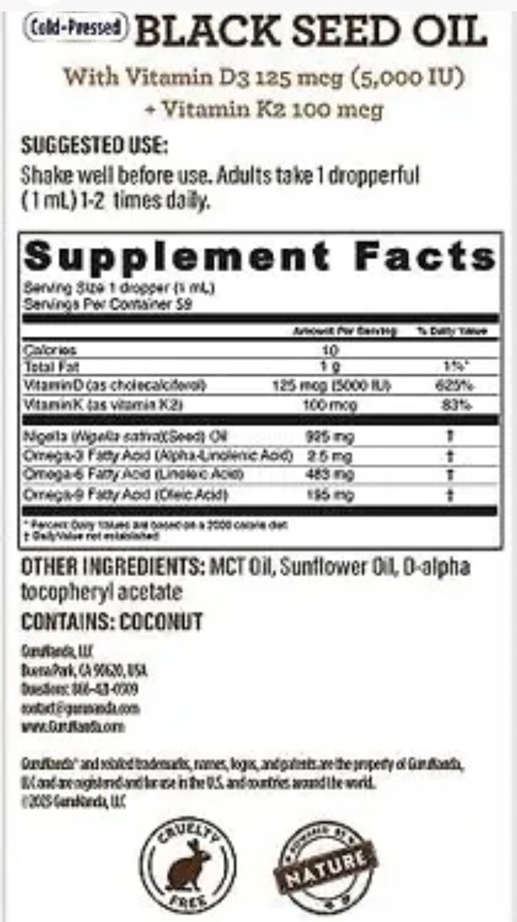 GuruNanda Cold Pressed Black Seed Oil with Vitamin D3 & K2 – Supports Immune