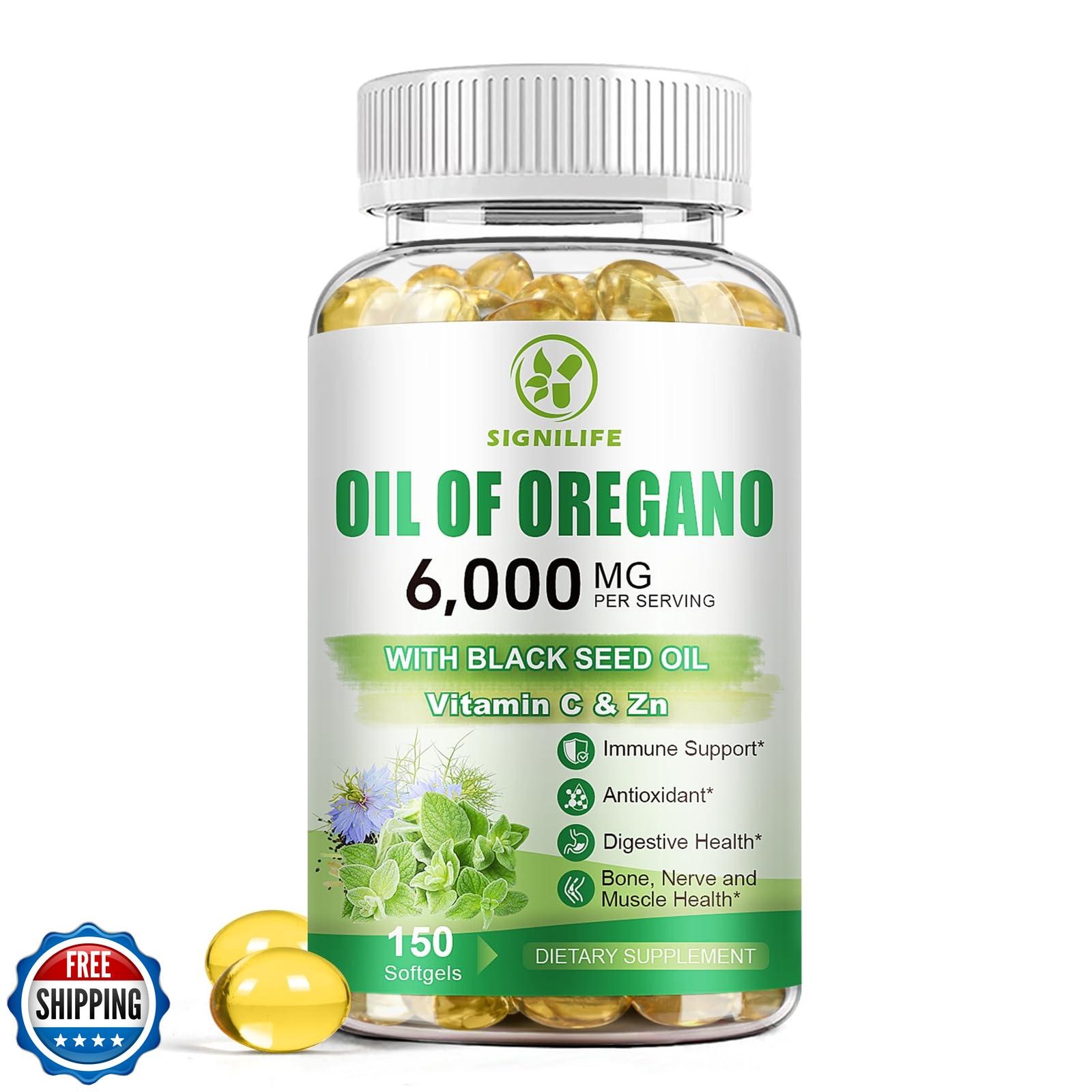 SIGNILIFE Oil of Oregano with Black Seed Oil, 6000mg Oregano Oil Capsules for