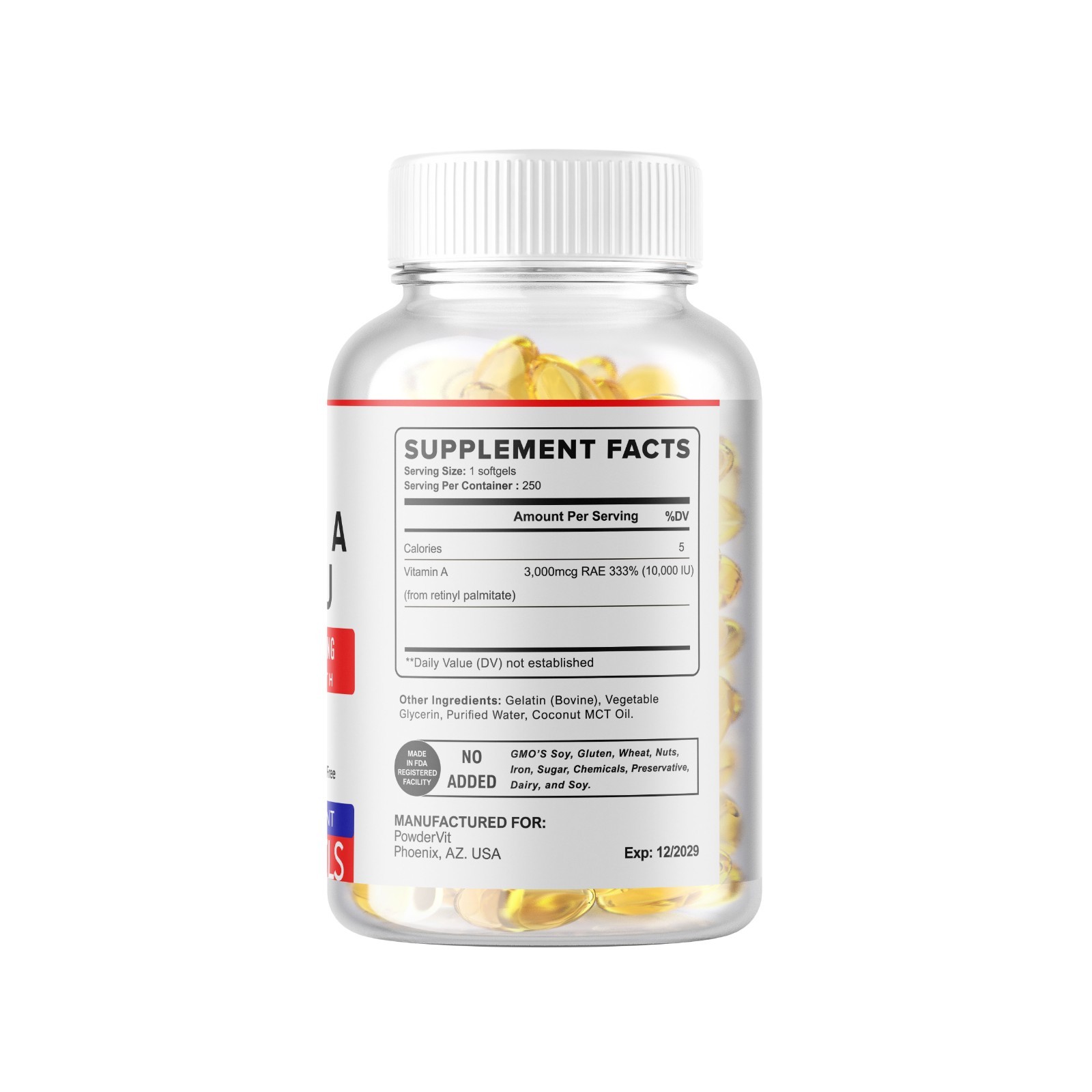Vitamin A 10000 IU 250 Softgels Servings Gluten Free Non-GMO USA
