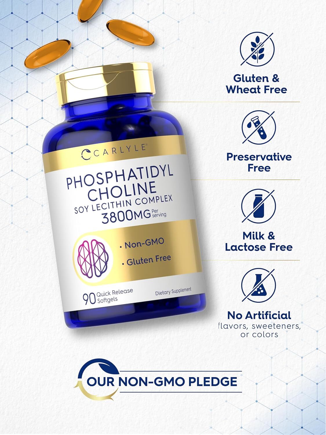 Phosphatidyl Choline 1,680mg | 90 Softgels | Non-GMO & Gluten Free | by Carlyle