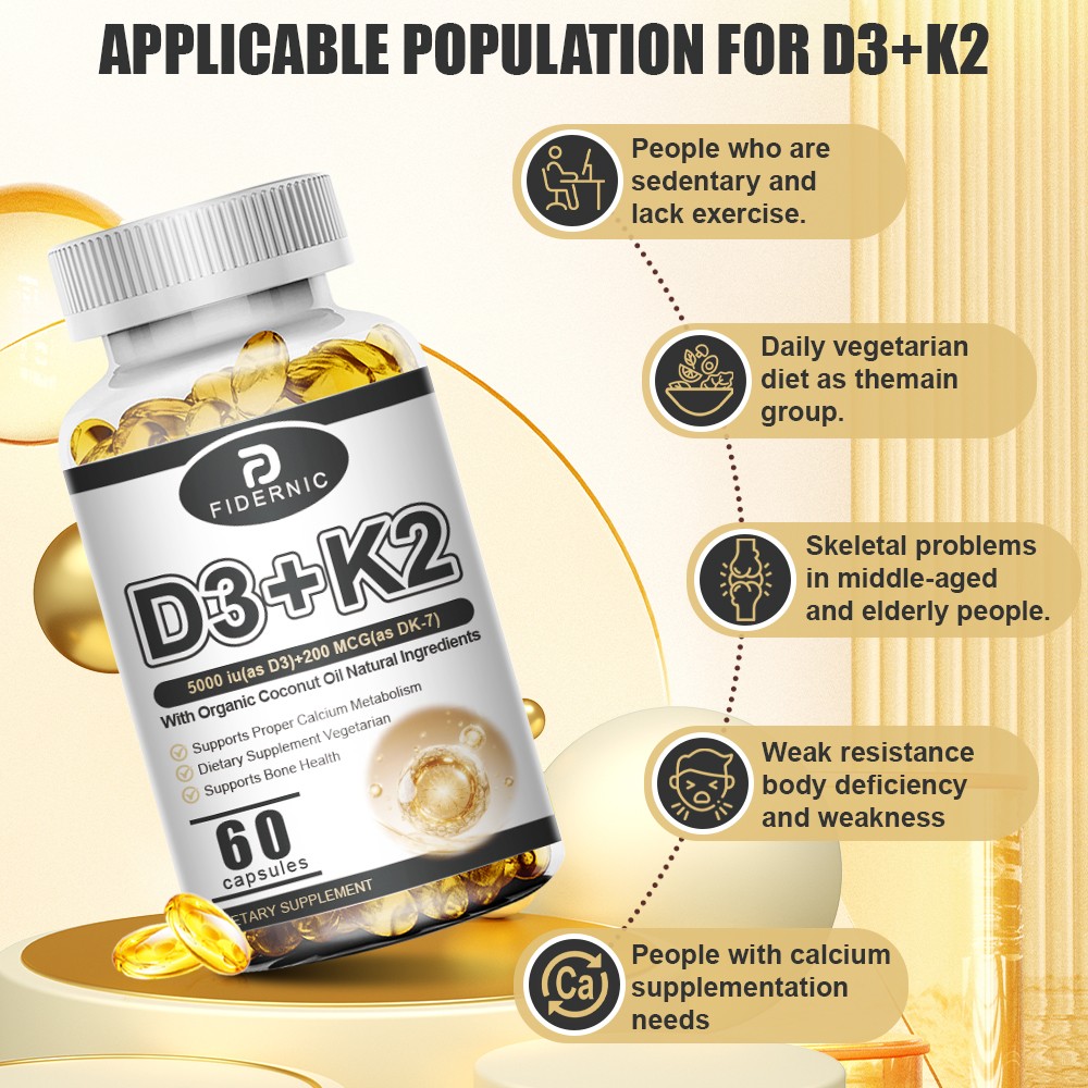 Vitamin D3 K2 60 Capsules Bone Muscle Immune Support Supplement
