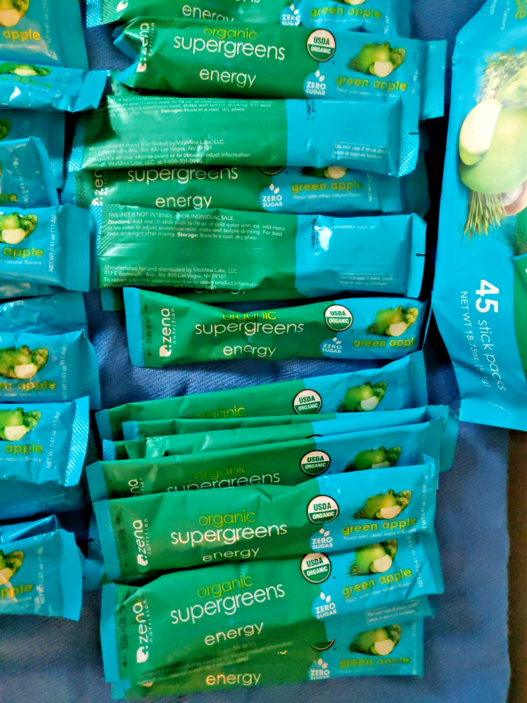 Zena Organic Supergreens Plus Energy Apple 45 Stick Exp: 7/2027 – Open Bag