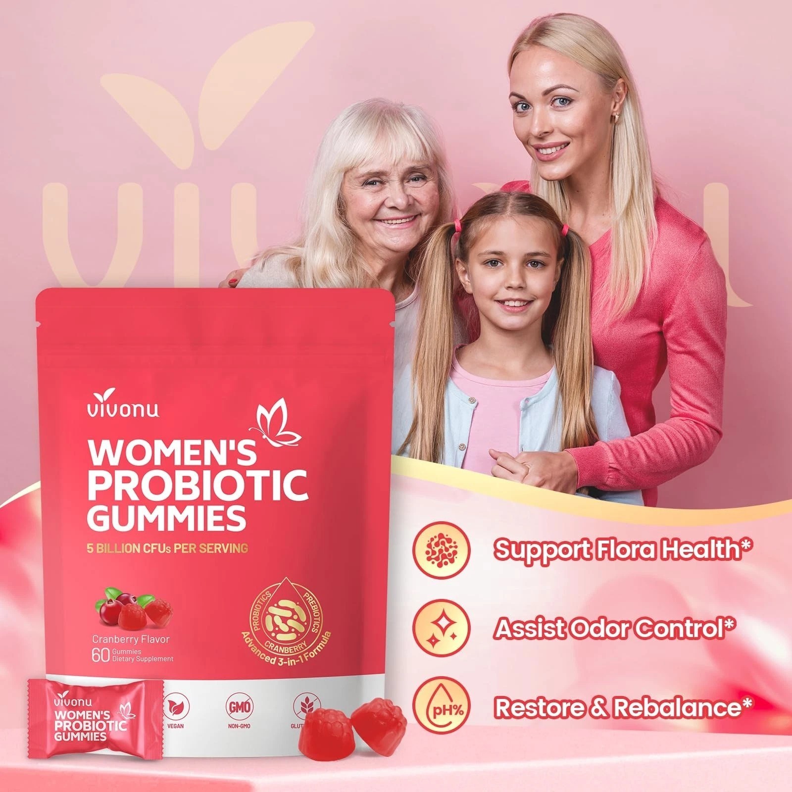 Cranberry Probiotic Gummies for Women – Vaginal&Immune Health,No Sugar,60 Pieces