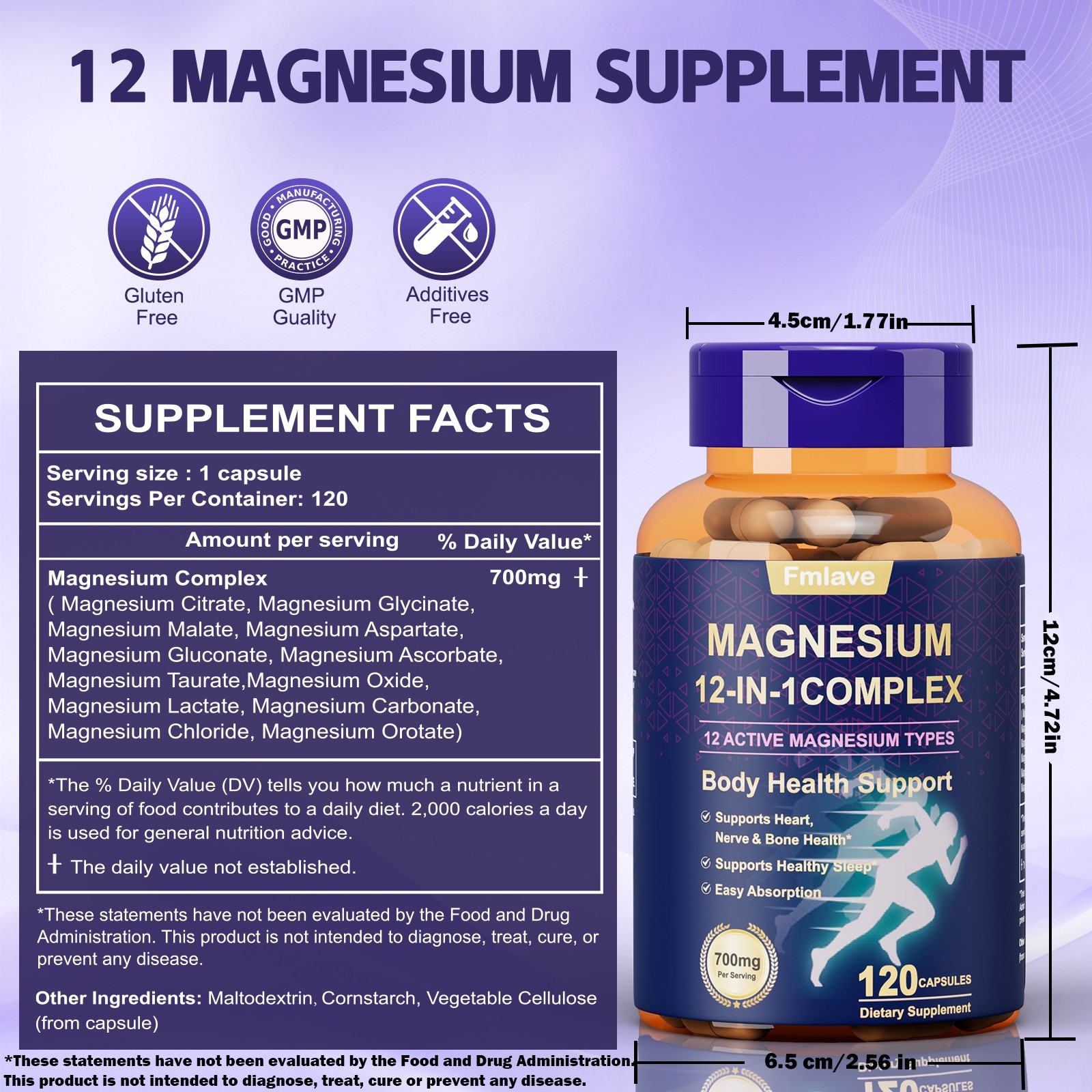 12 in 1 Magnesium Complex Supplement: 700mg of 12-element Magnesium, 120 caps