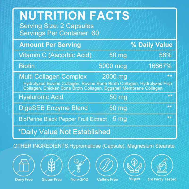Multi COLLAGEN PEPTIDES Types I, II, III, V,X 120 Pills Anti-Aging Skin Capsules