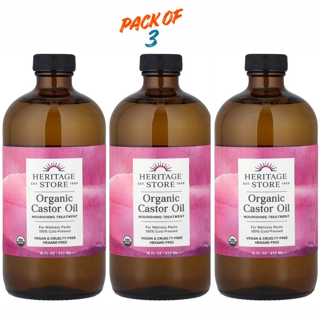 Heritage Store Organic Castor Oil 16 oz Pack of 3 Cold Pressed Hexane Free
