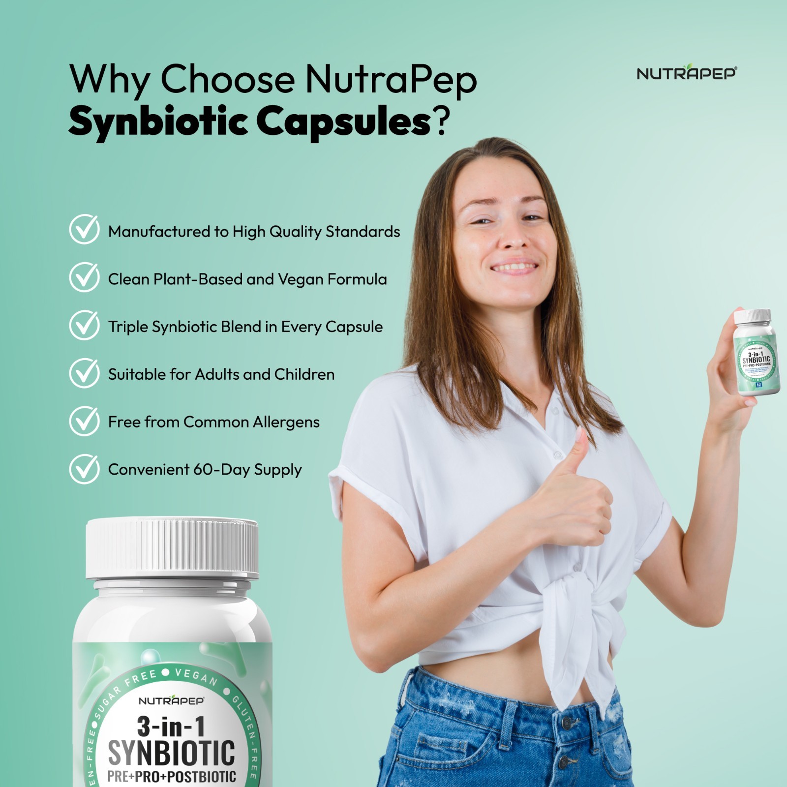 NutraPep Synbiotics Probiotic Prebiotic Postbiotic – Daily Gut Health Support