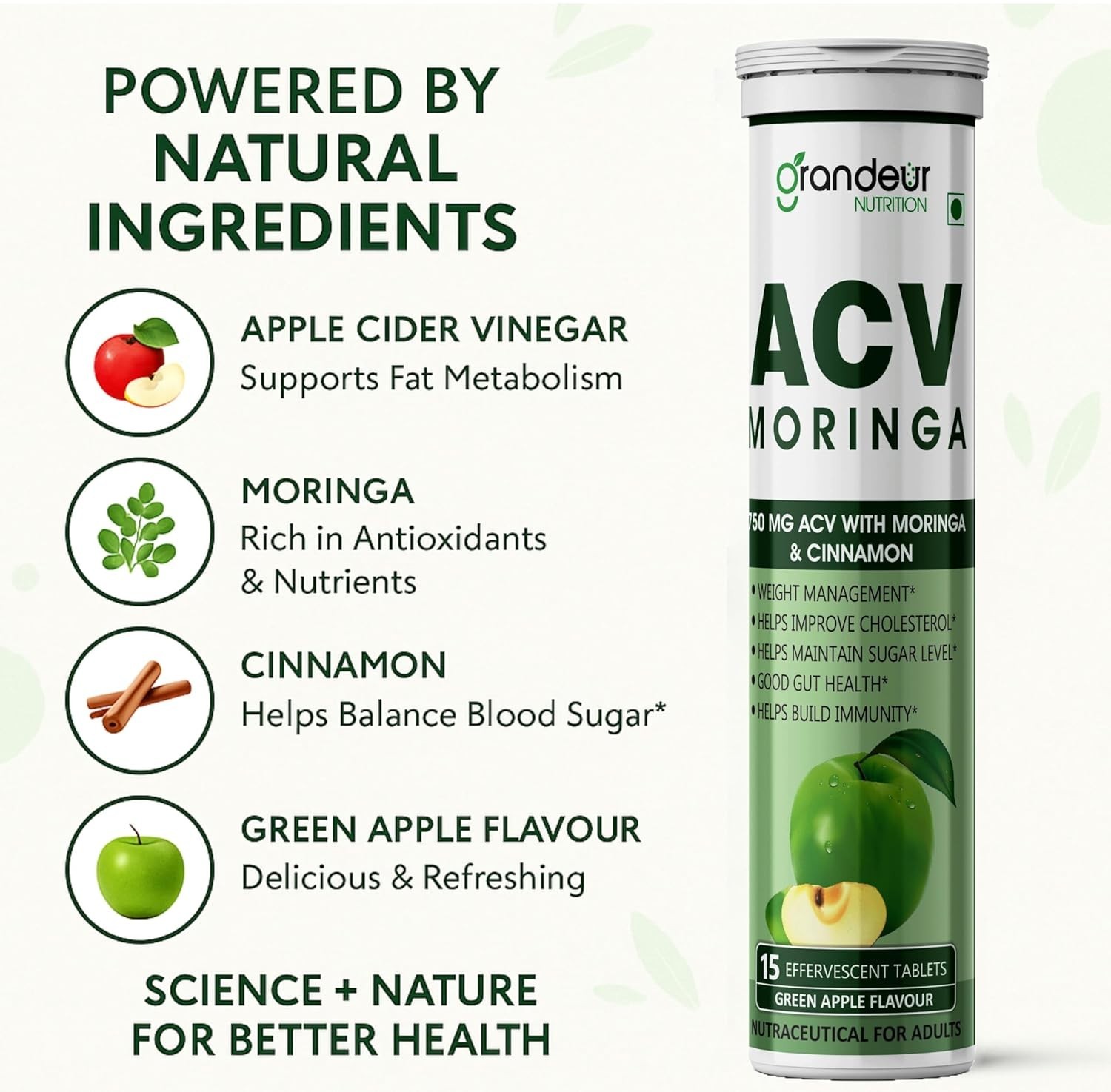 Grandeur ACV Moringa For Weight Management, Apple Cider Vinegar 15 Tablets Pack4