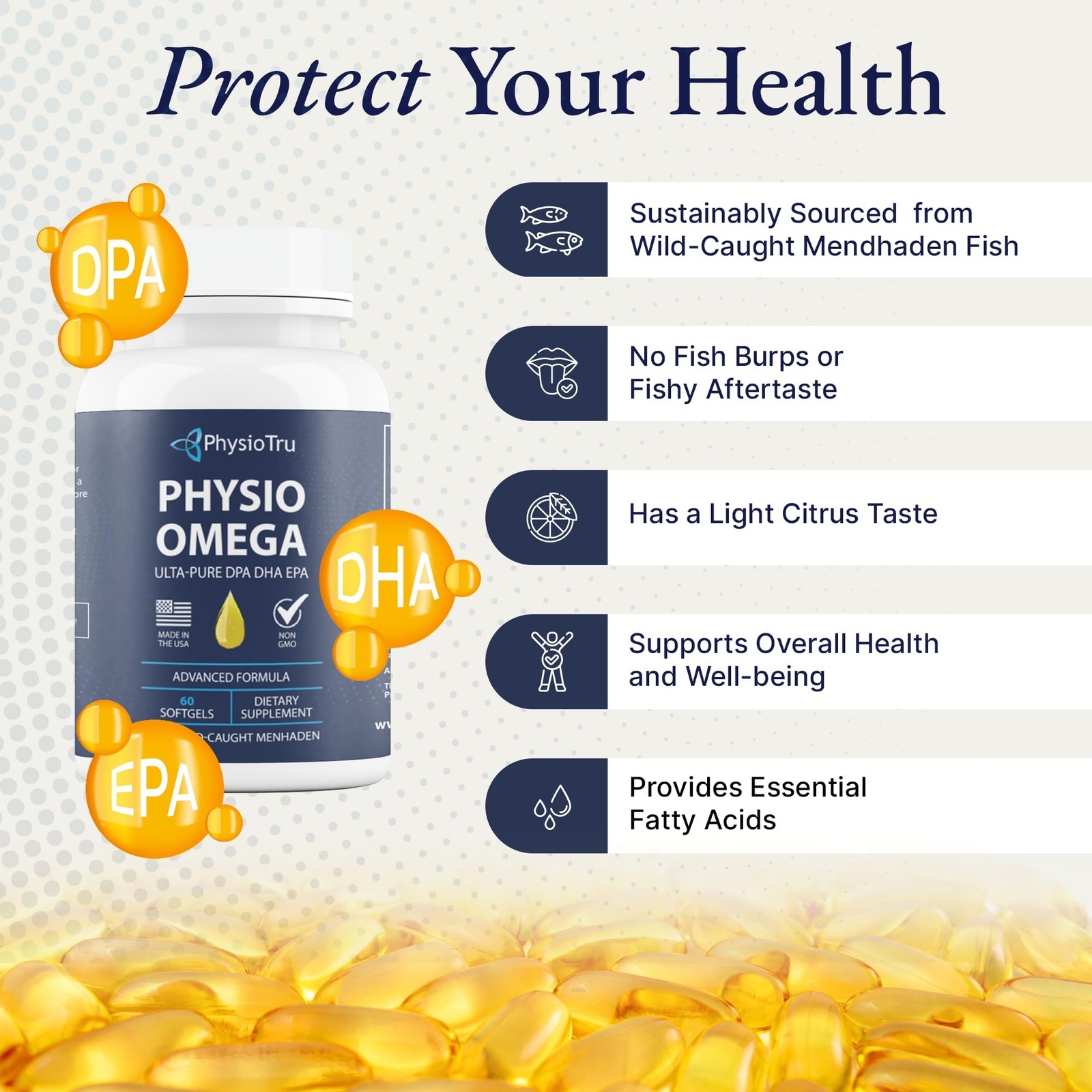 Physio Omega 3 DPA, DHA, EPA Wild Caught Pure Menhaden Fish Oil Supplement, 60