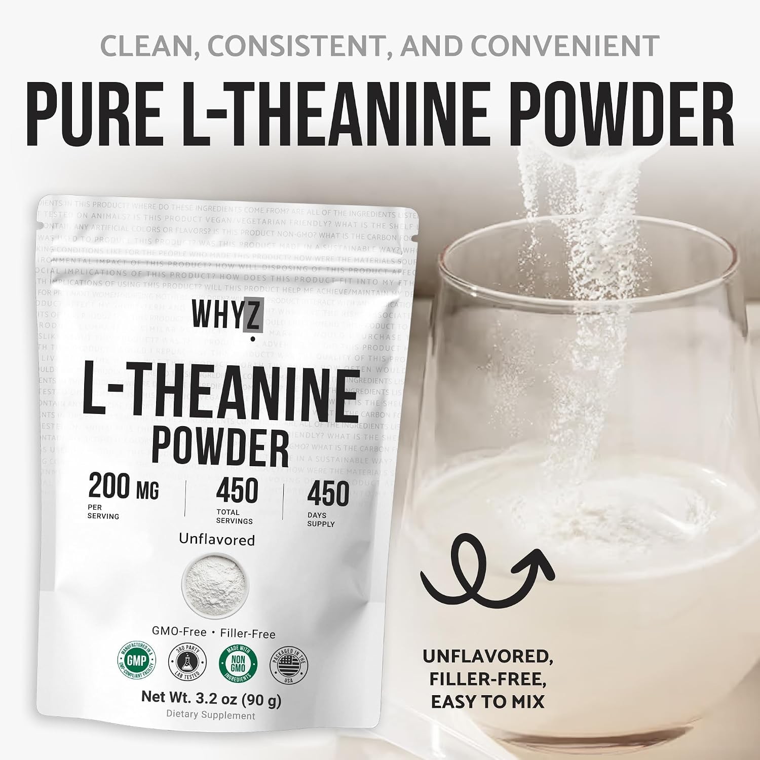 Pure L-Theanine Powder Unflavored Vegan Non-GMO No Additives 3.2oz 90g