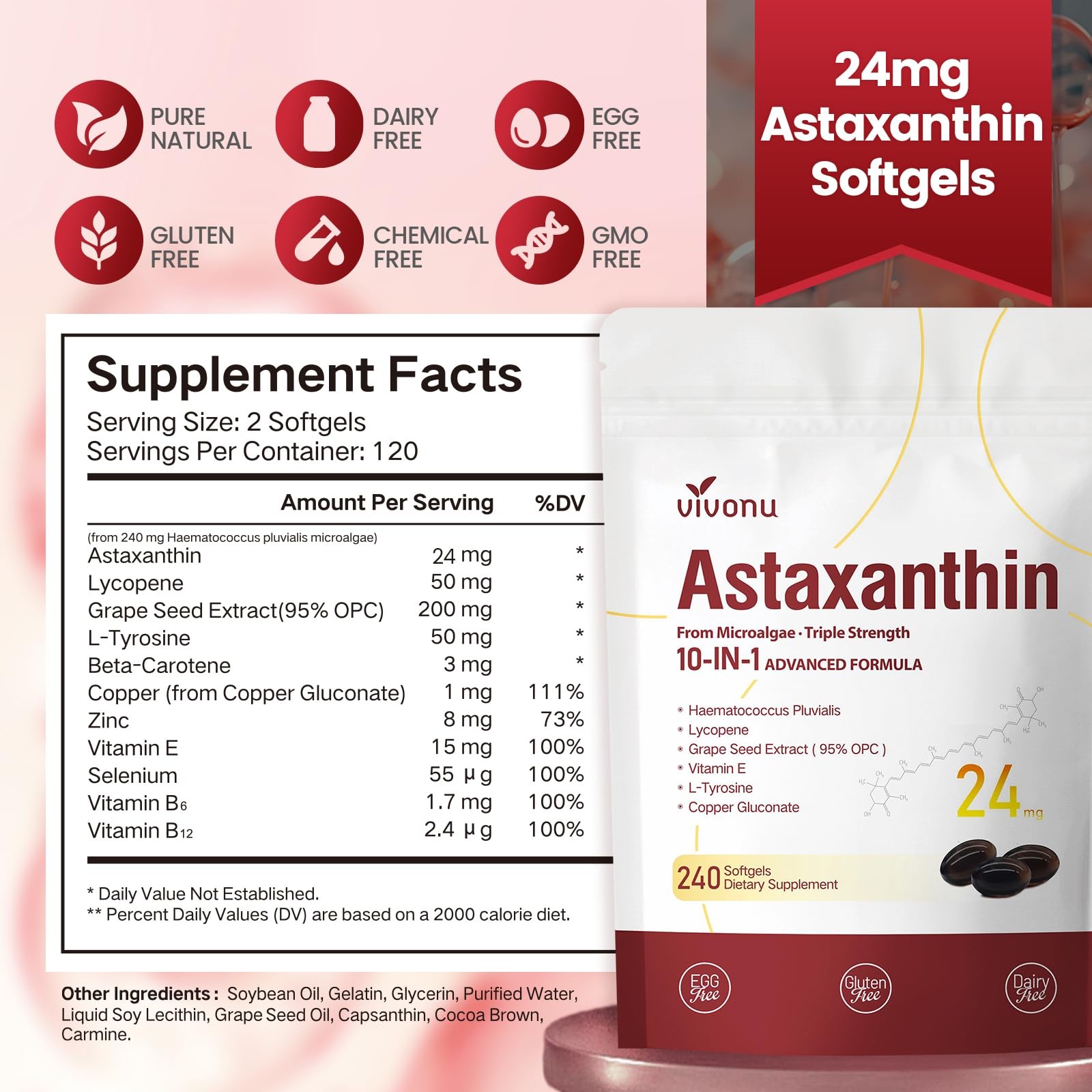 10 in 1 Astaxanthin 1 Count (Pack of 1), 24mg | 1 Bag | 240 Softgels
