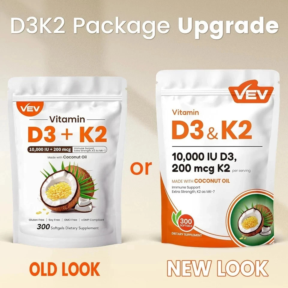 VEV Vitamin D3 Con K2 10000 IU, 300 kinds of virgin coconut oil softgels, 2-in-1