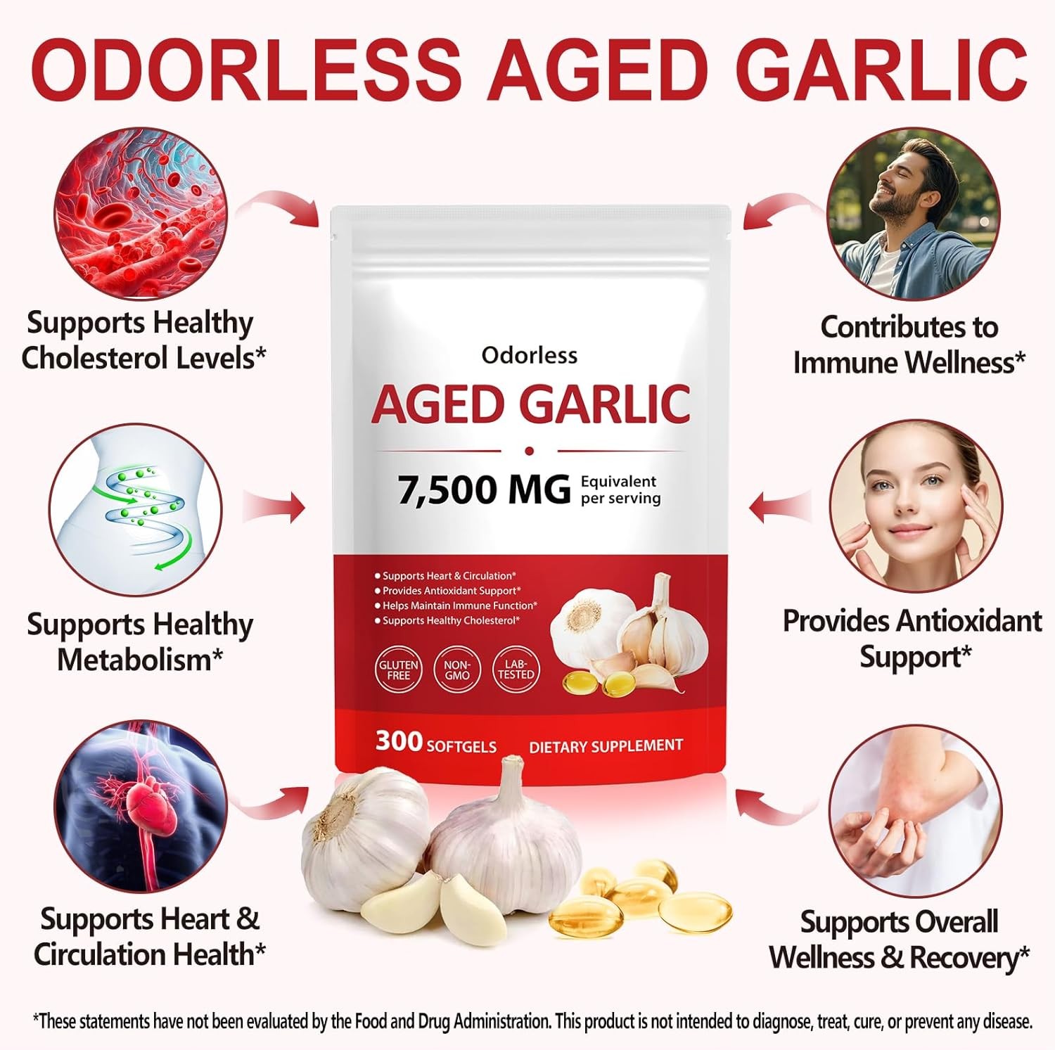 Odorless Garlic 7500mg Per Servings, 300 Softgels | 2 Years Aged Garlic Extra…