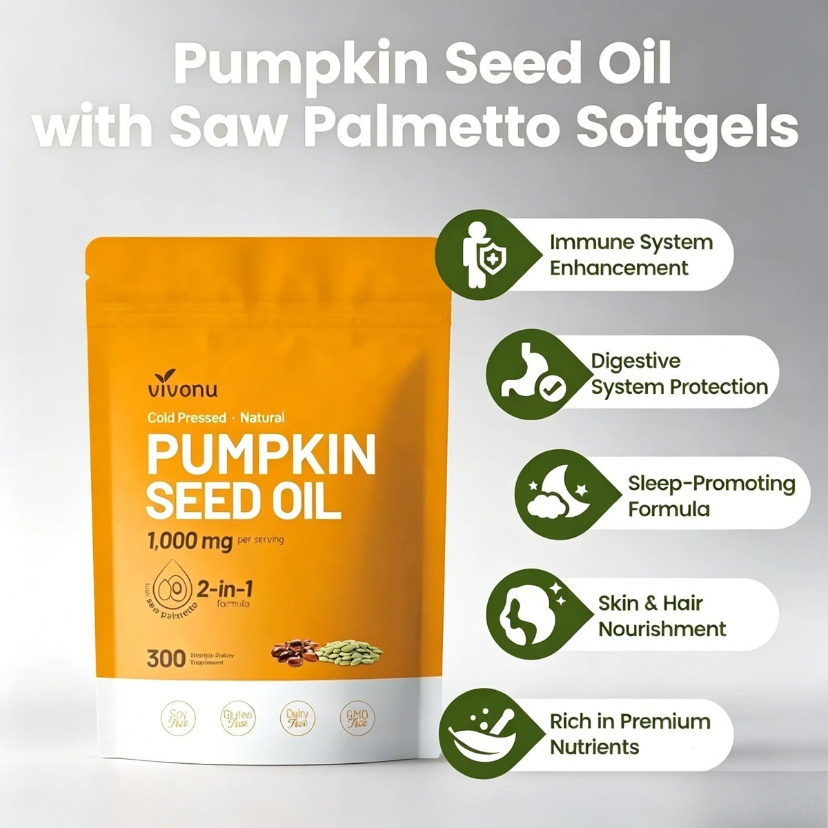 VivoNu NutriFlow Pumpkin Seed & Saw Palmetto, 300 Cold Pressed Softgels