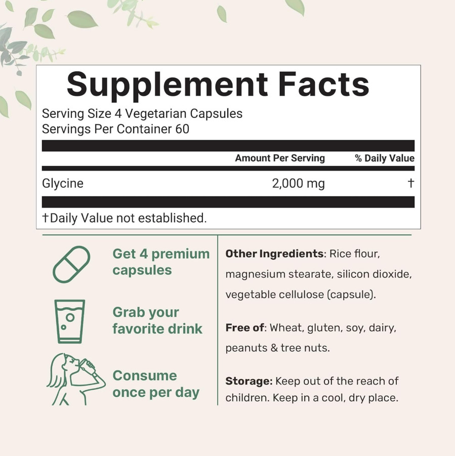 Glycine 2000mg Veggie Capsules Sleep Support Non-GMO Gluten Free Amino Acids Max