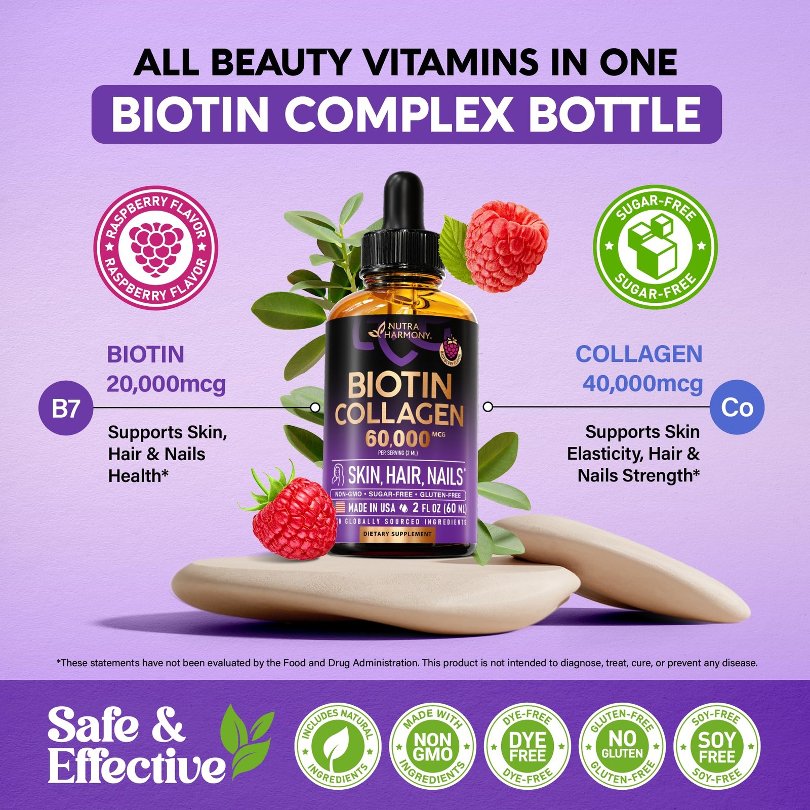 Liquid Biotin & Collagen 60,000 mcg – Vitamins for Hair 2 Fl Oz (Pack of 1)