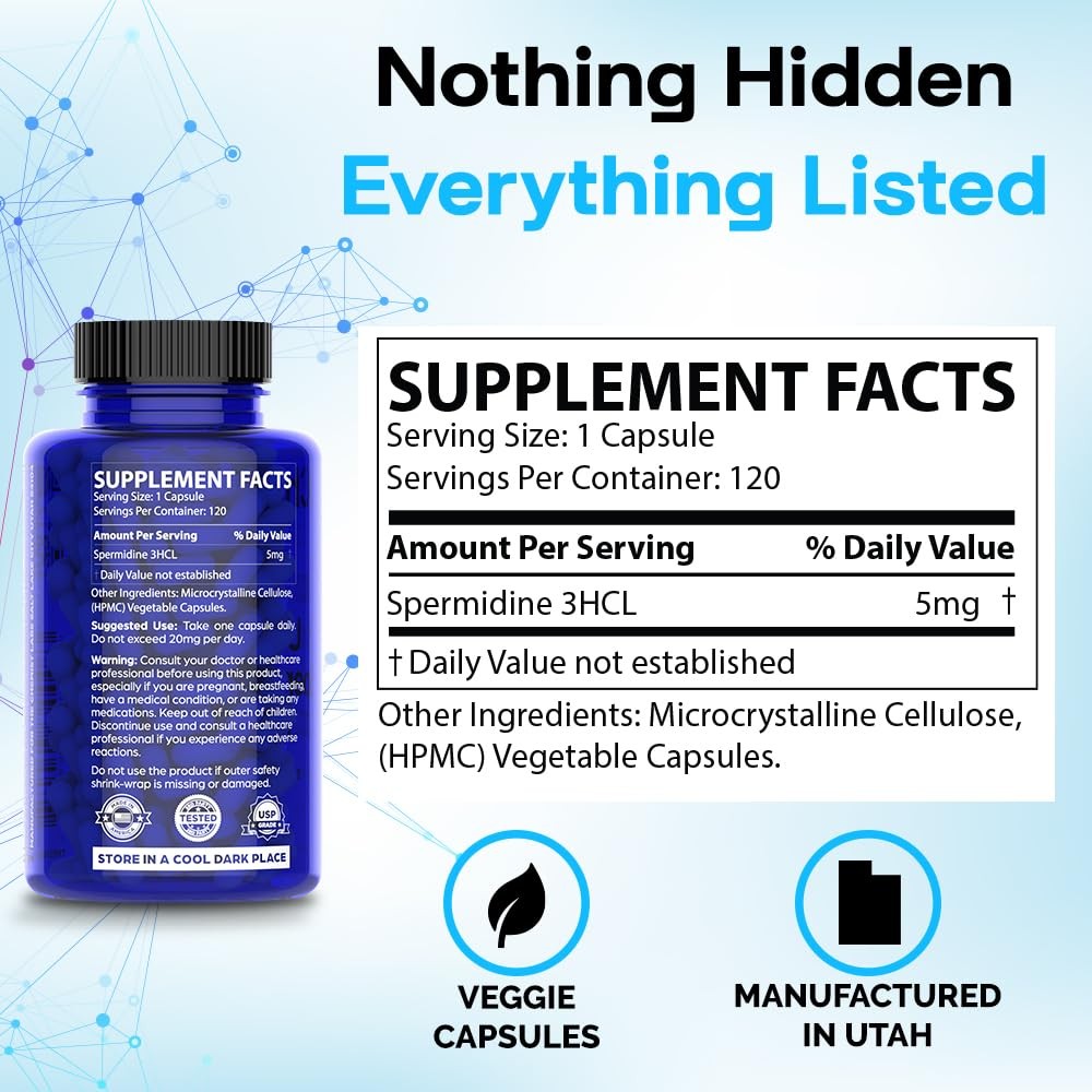 Spermidine Supplements for Longevity – 100x Formula, 5 mg, Vegan, 120 Servings
