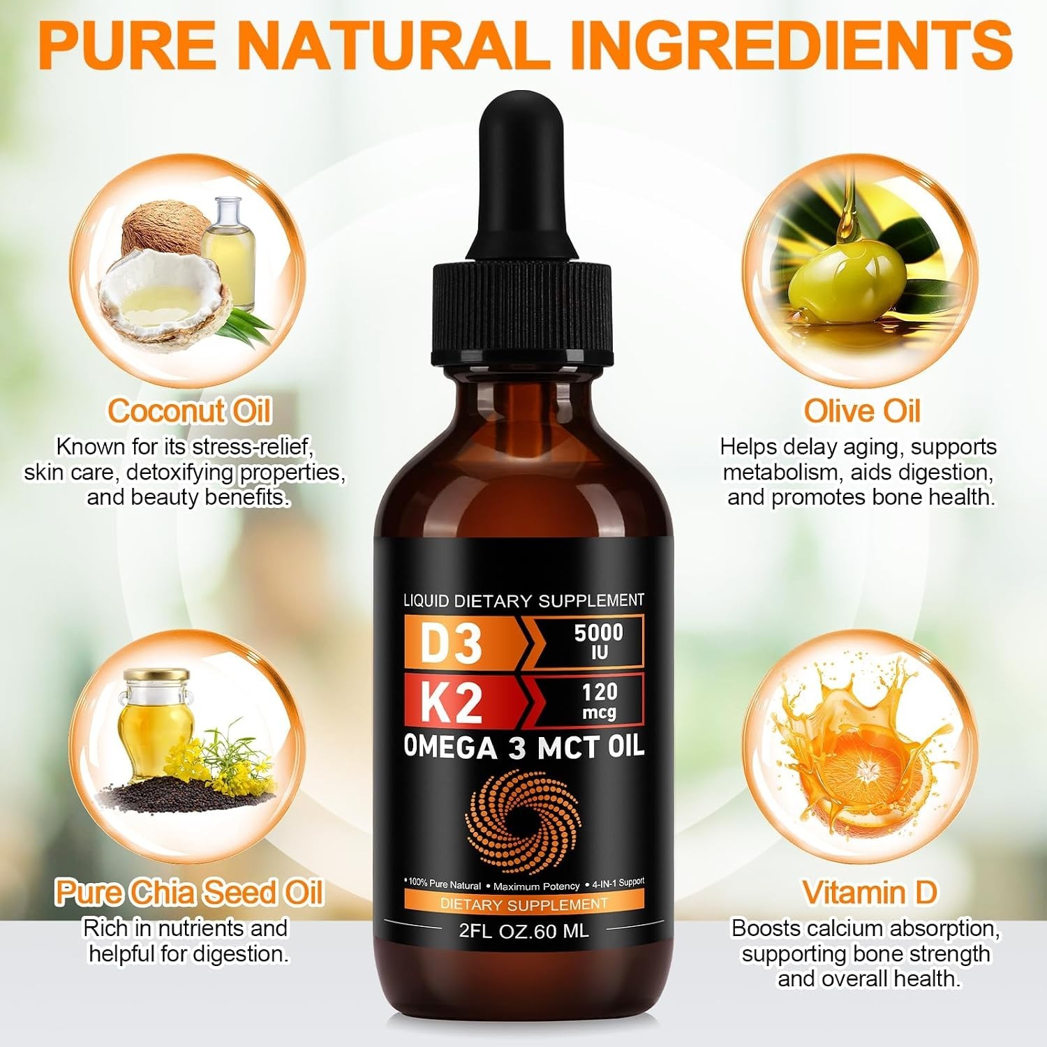 Daiasns Vitamin D3 5000 IU & K2 (MK-7) 120 mcg 60ml Drops with MCT Oil Omega 3,