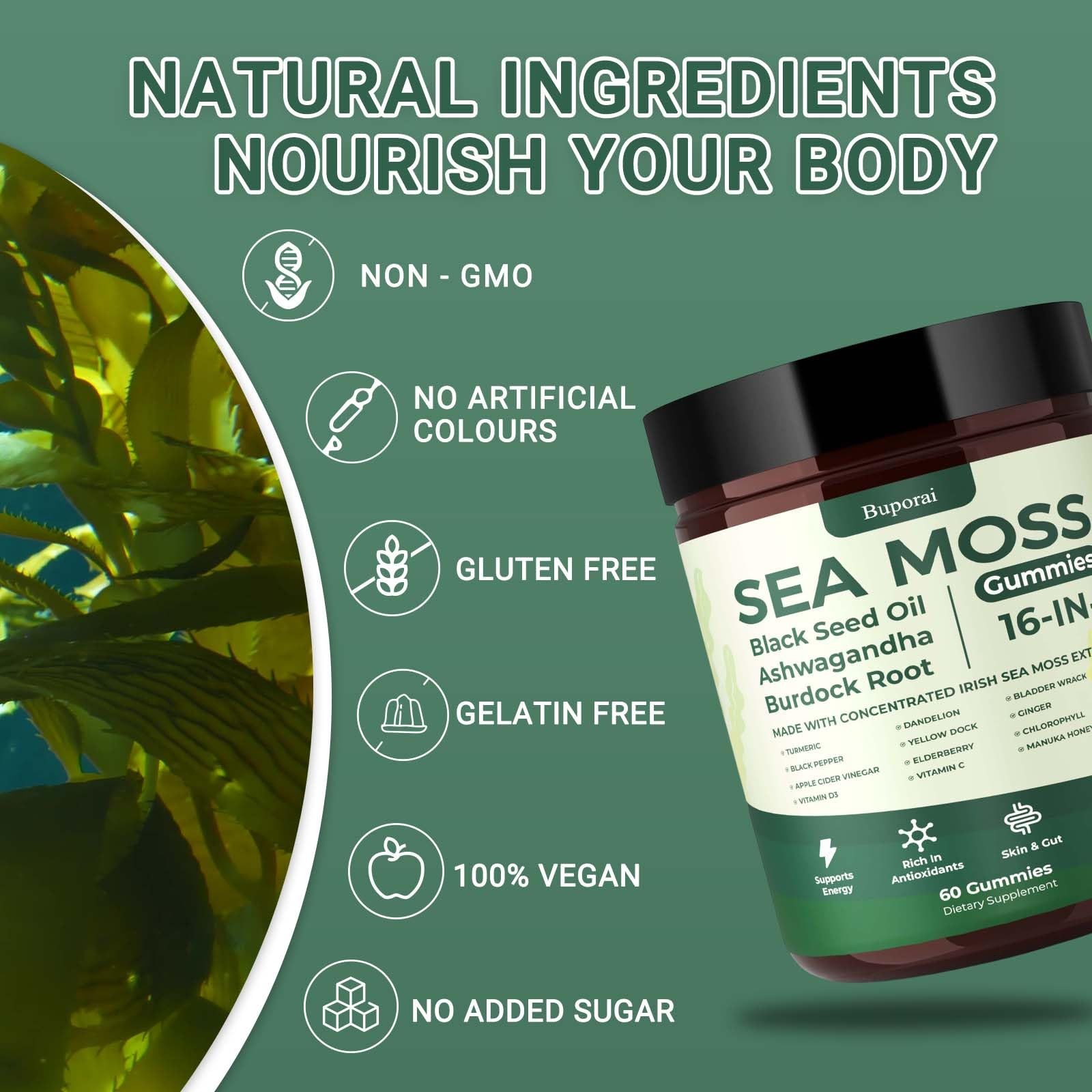 Buporai Sea Moss Gummies 16-1, Black Seed Oil Ashwagandha Turmeric Bladder Wrac
