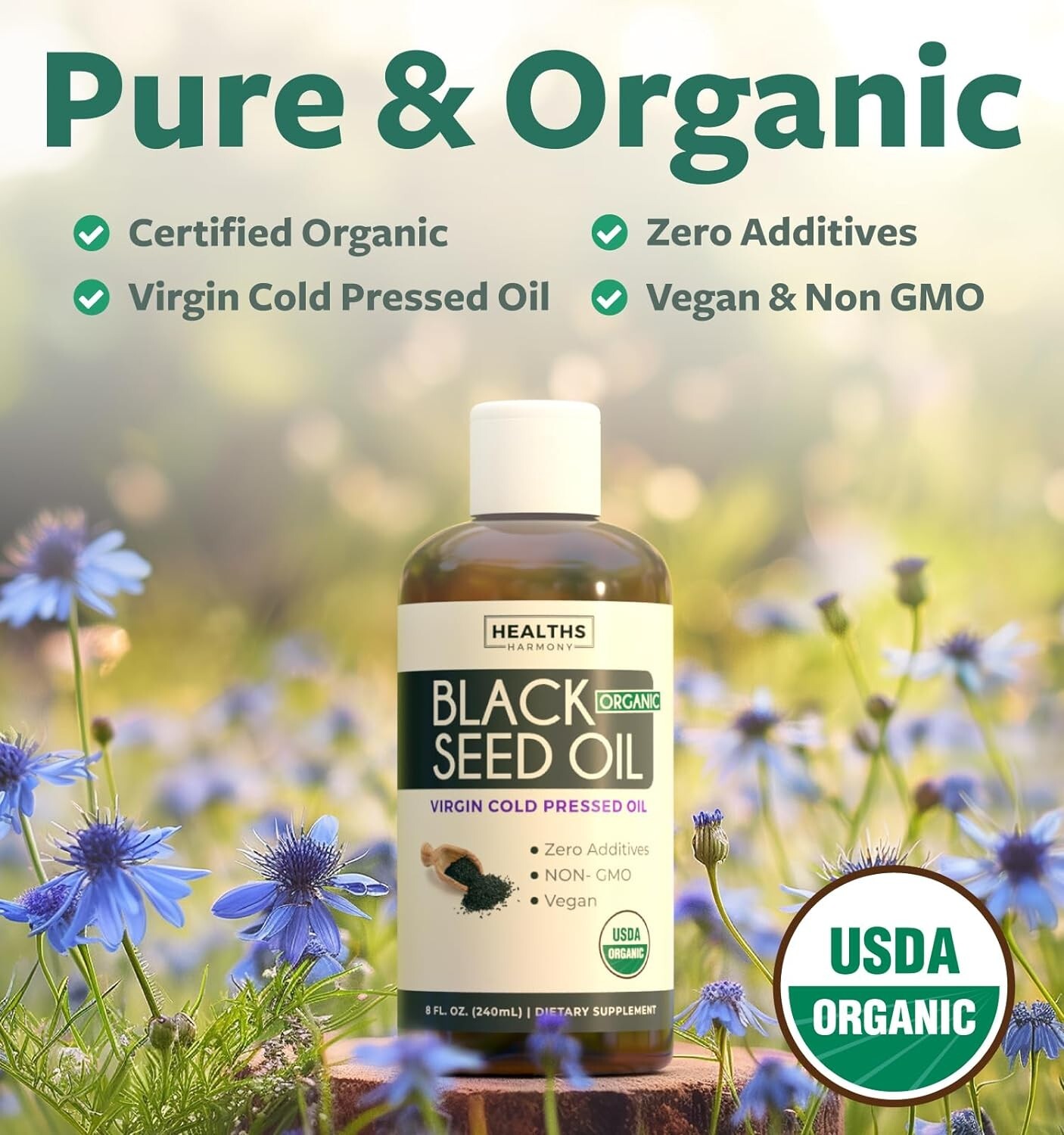 USDA Organic Black Cumin Seed Oil Liquid (8 fl oz) Premium Cold-Pressed Nigella