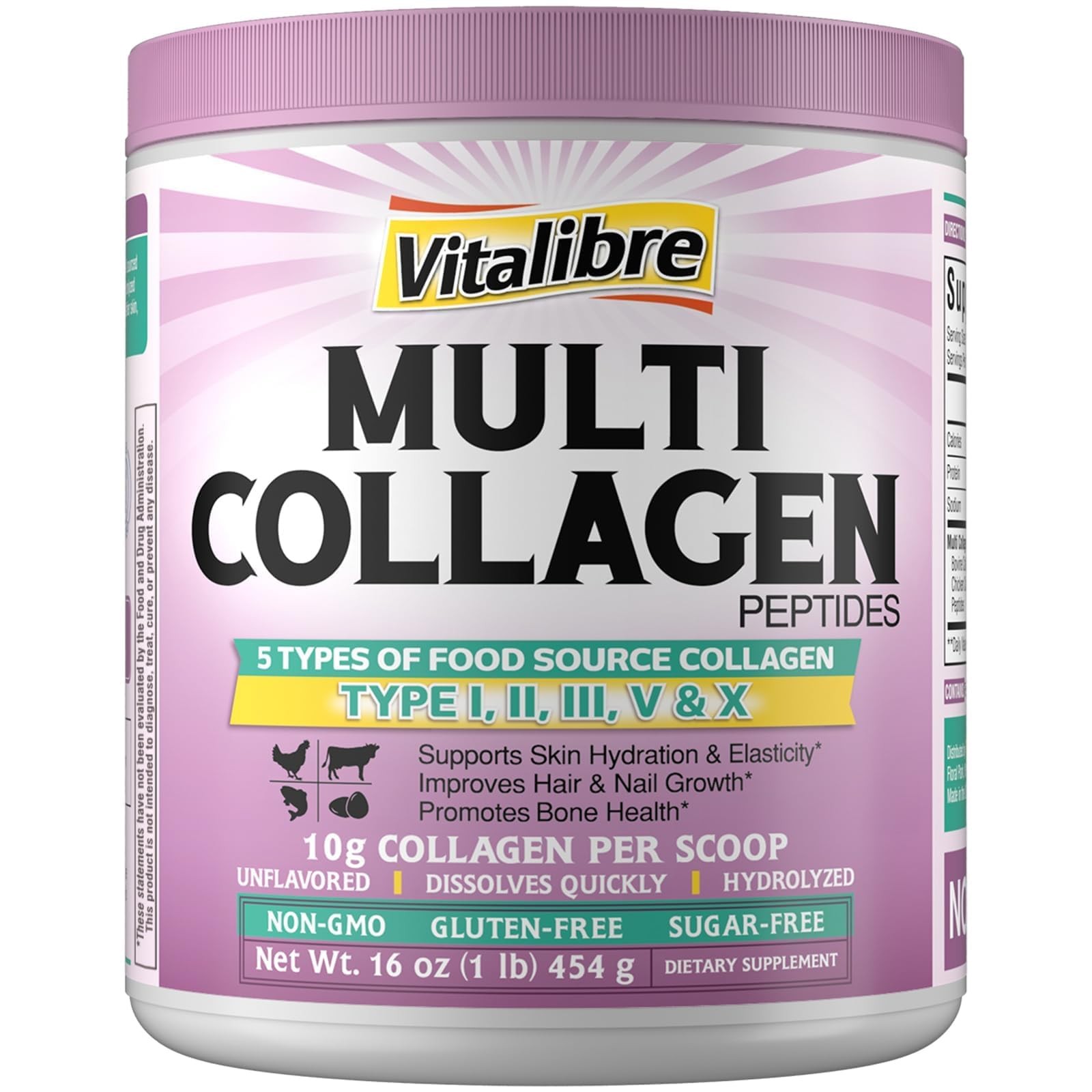 Vitalibre Multi Collagen Peptides Powder Type I II III V 1 Pound (Pack of 1)