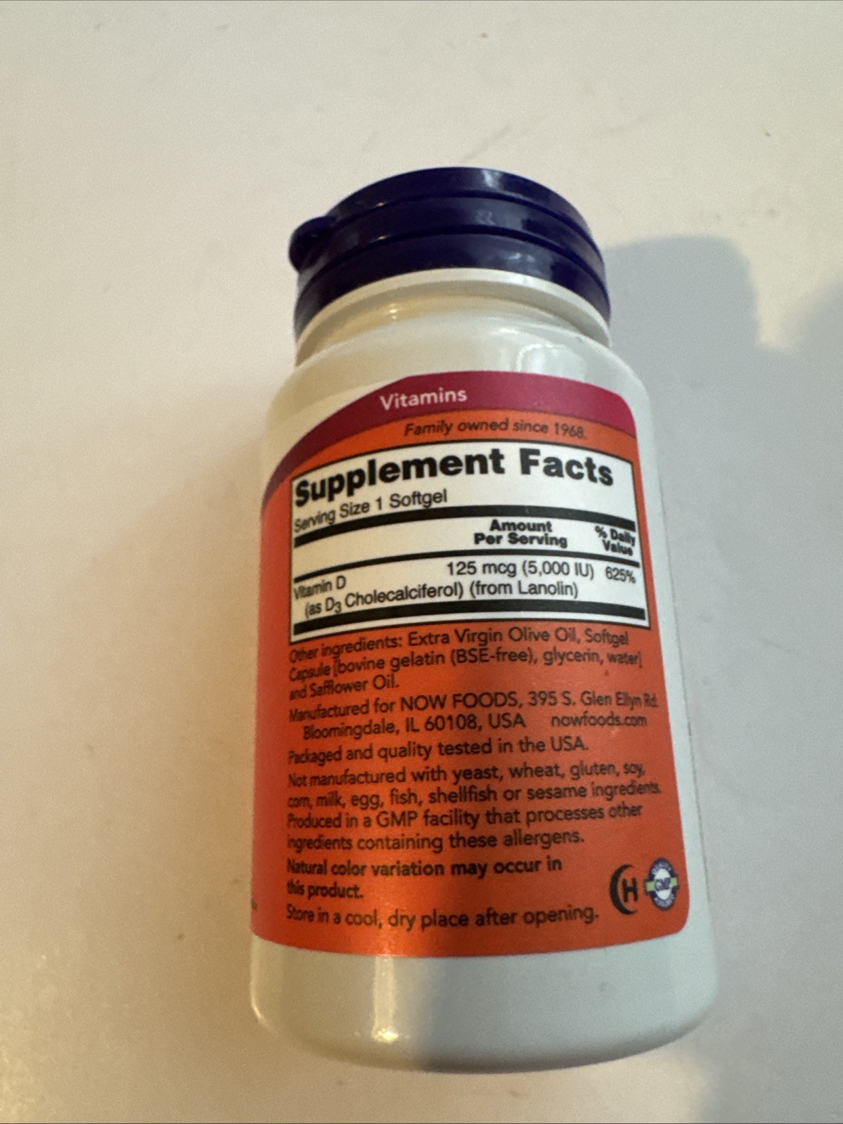 NOW Foods High Potency Vitamin D3 5000 IU, 120 Softgels Exp 02/2028