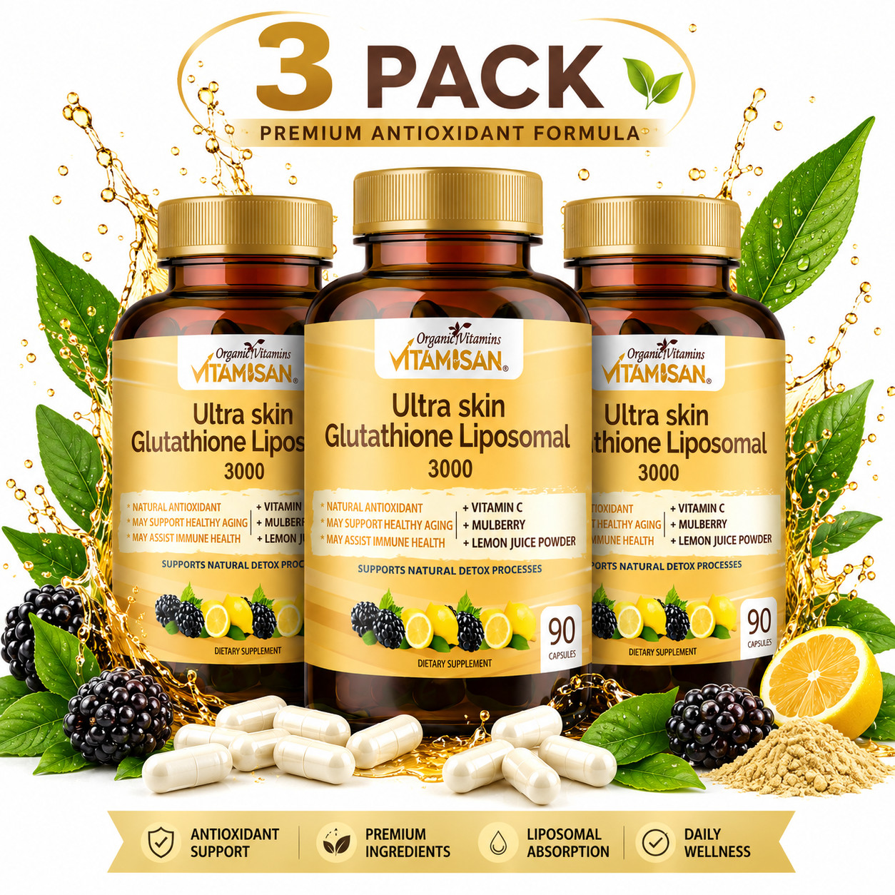 3 Pack Liposomal Glutathione 3000mg + Vitamin C Antioxidant 270 Caps