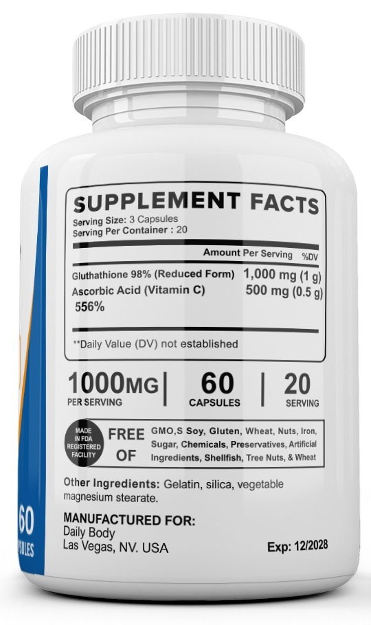 Daily Body Glutathione 1000mg GSH L-Glutathione Reduced 180 Capsules Antioxidant