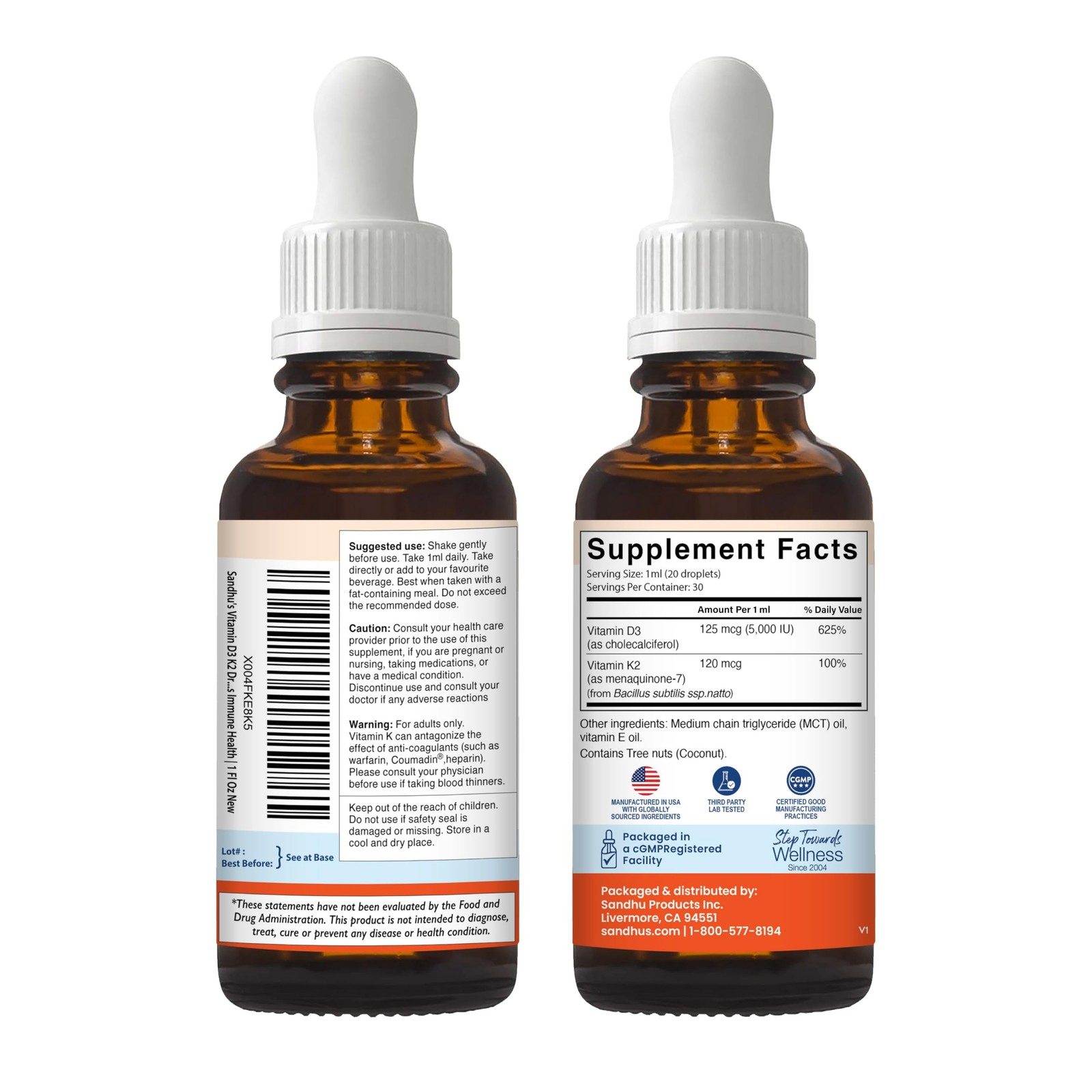 Sandhu’s Vitamin D3 K2 Drops for Adults | 5000 IU 1 Fl Oz (Pack of 1)