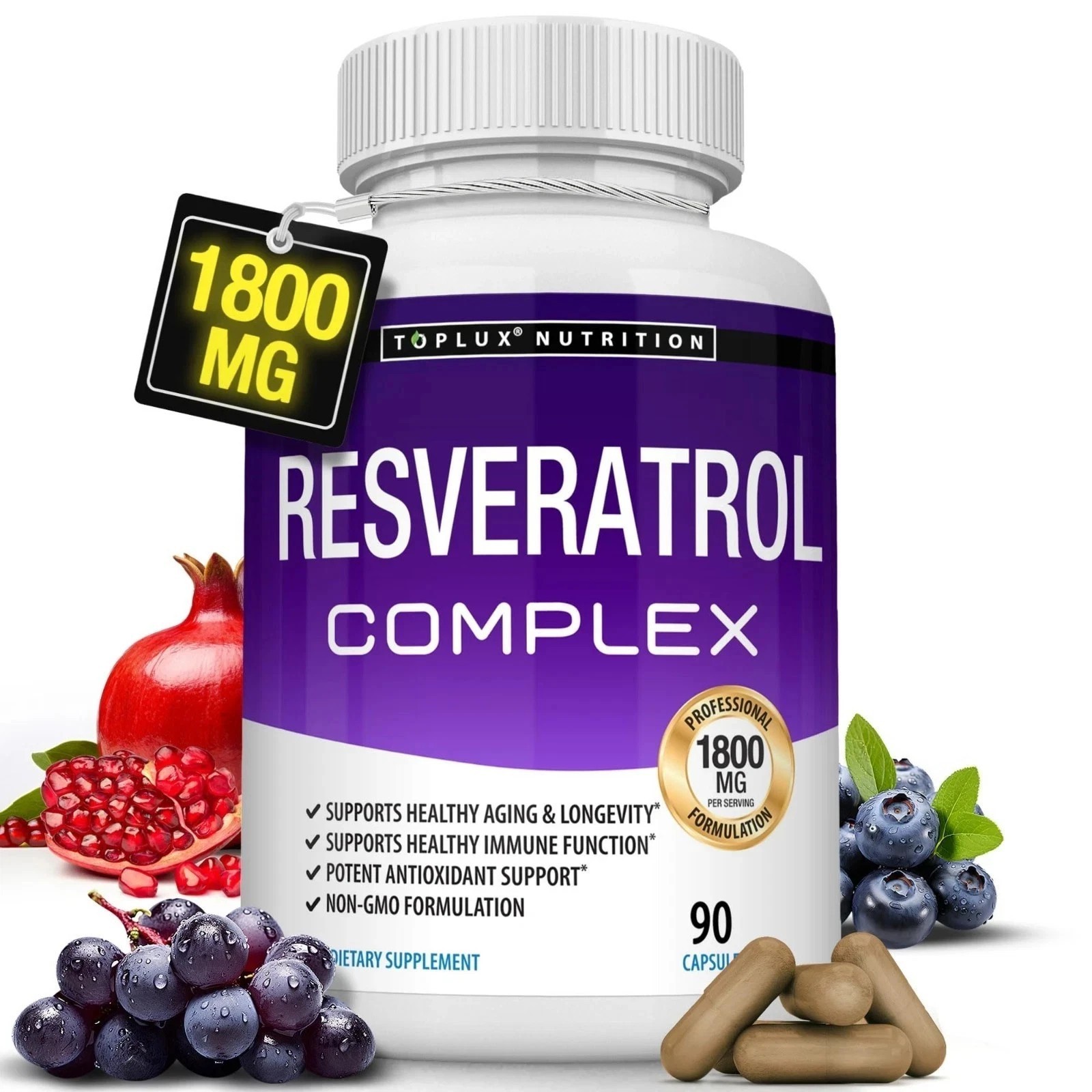Toplux Resveratrol Complex,1800mg Natural Antioxidant,Cellular Health 90 Caps