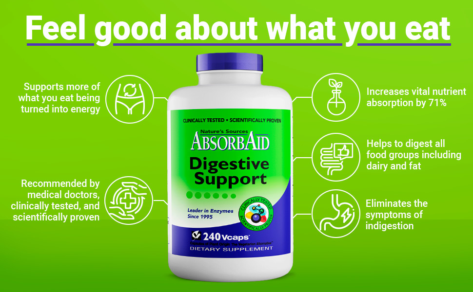 AbsorbAid Natural Digestive Enzyme relief for gas, bloating, acid reflux-240 cap