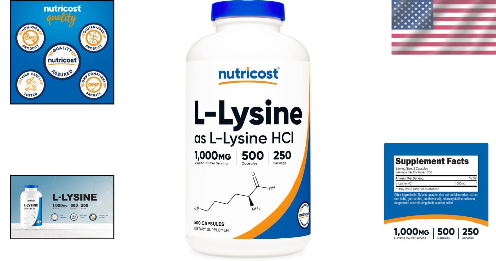 500 Capsules of L-Lysine 1000mg Per Serving – Essential Amino Acid, Gluten Free