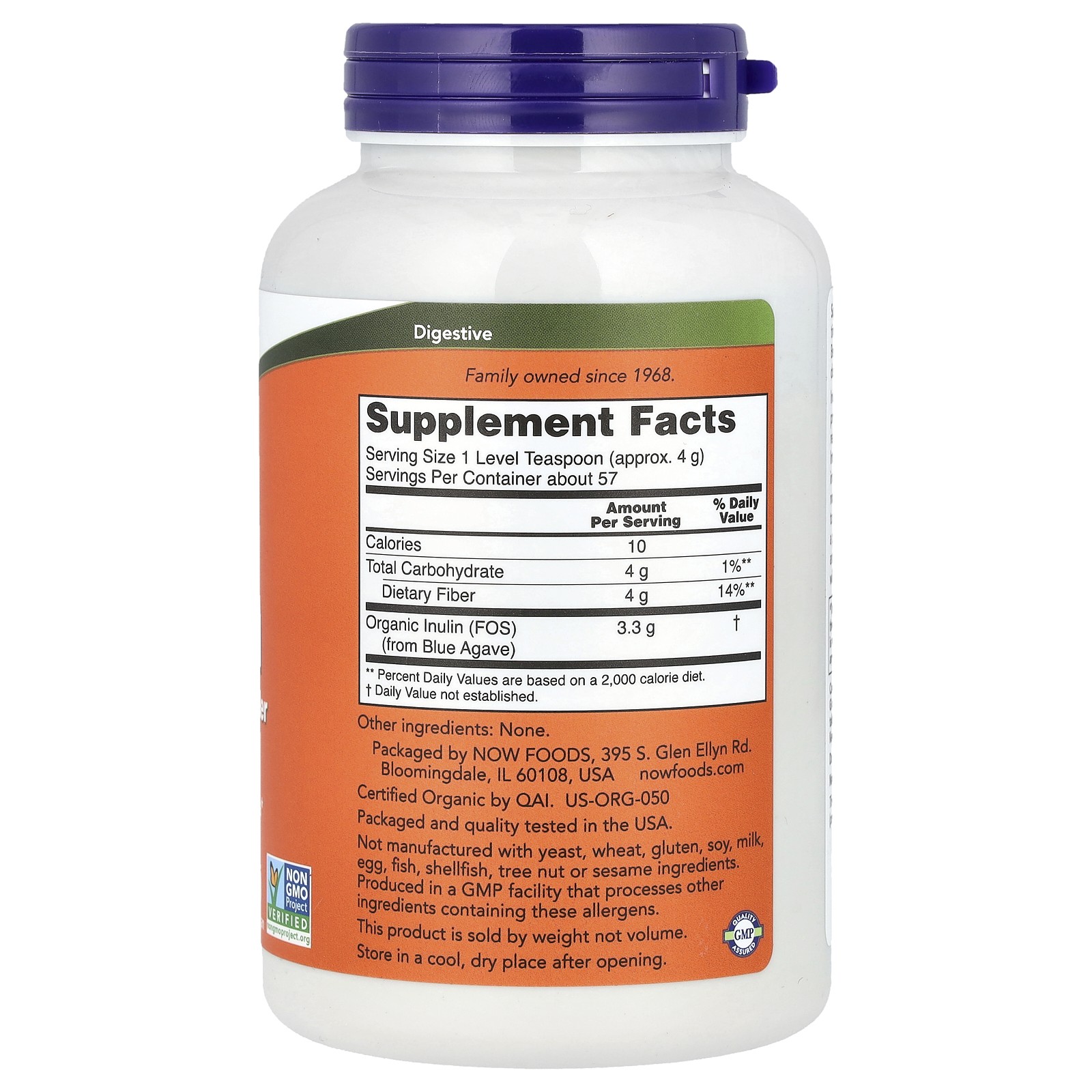 Now Foods Certified Organic Inulin Pure Powder 8 oz 227 g GMP Quality Assured,