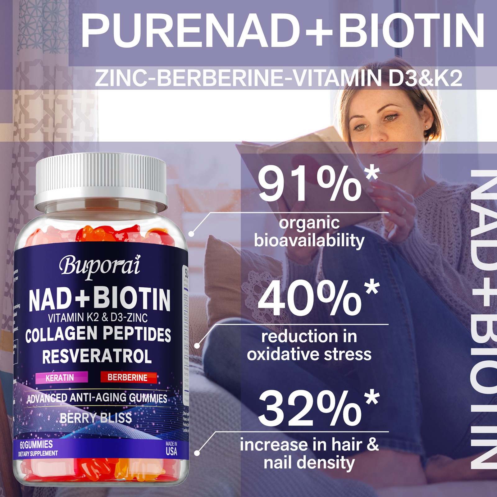 NAD+ Biotin – Resveratrol,Collagen – Promotes Healthy Hair, Nail Growth,and Skin