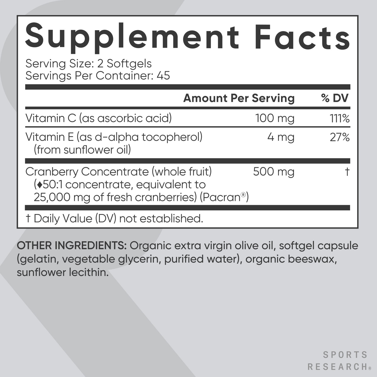 Cranberry Fruit Complex Supplement with Pacran & Vitamins C & E – 90 Softgels