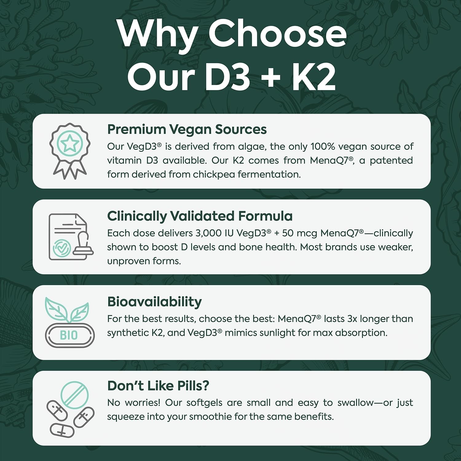 Organic Vitamin D3 + K2 Supplements – Boost Bone Density, Immunity & Mood – 30-D
