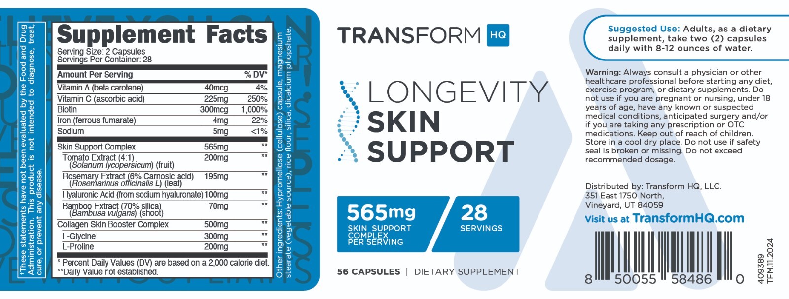 TransfromHQ Longevity Skin Support (28 Servings) – 56 Capsules